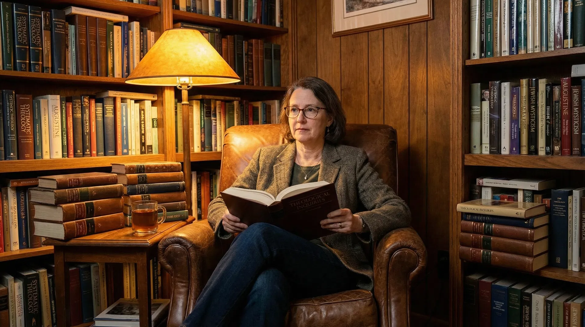 Female theologian reading in a warm academic study setting