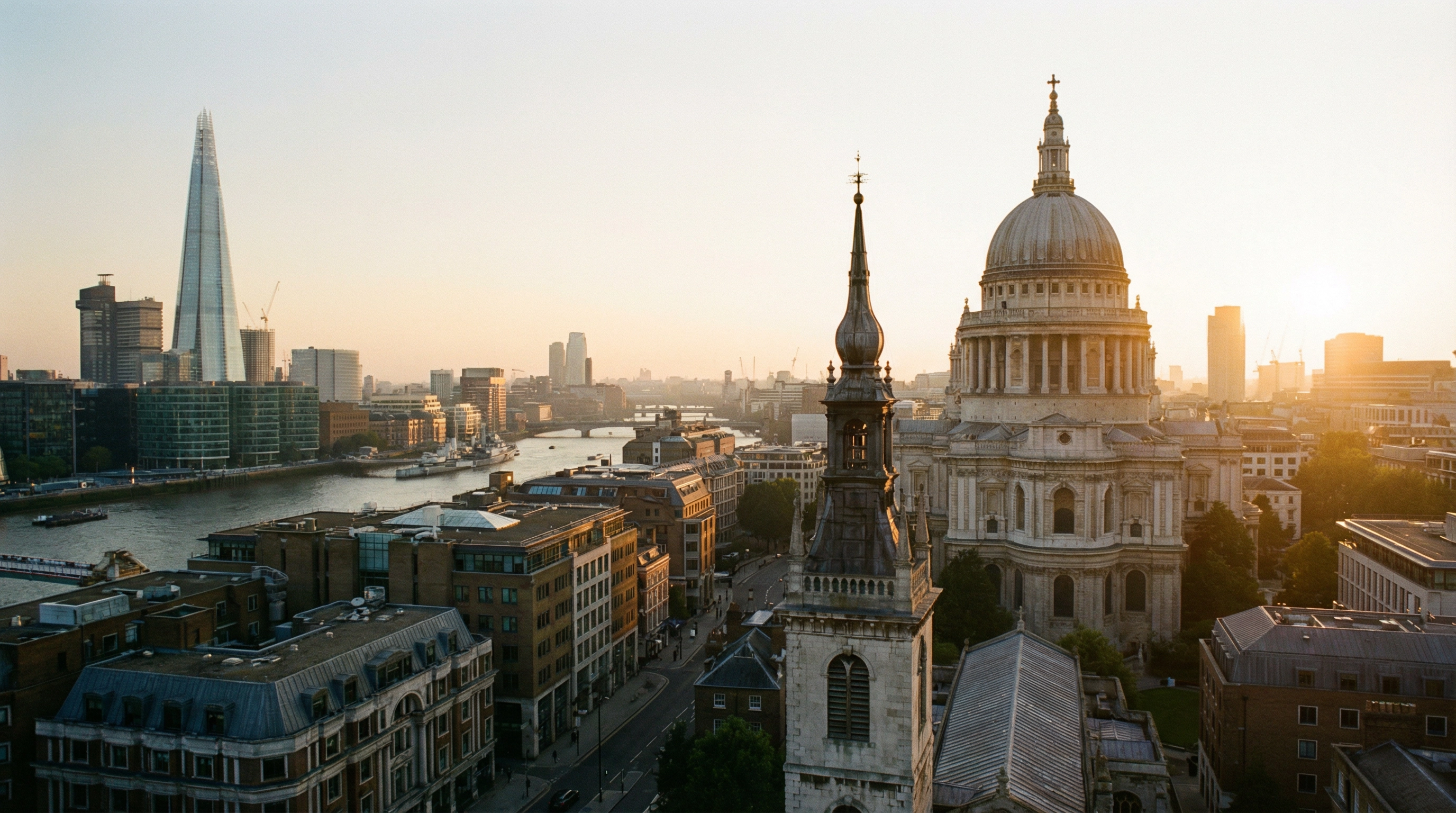 London skyline at dusk with church steeple in foreground