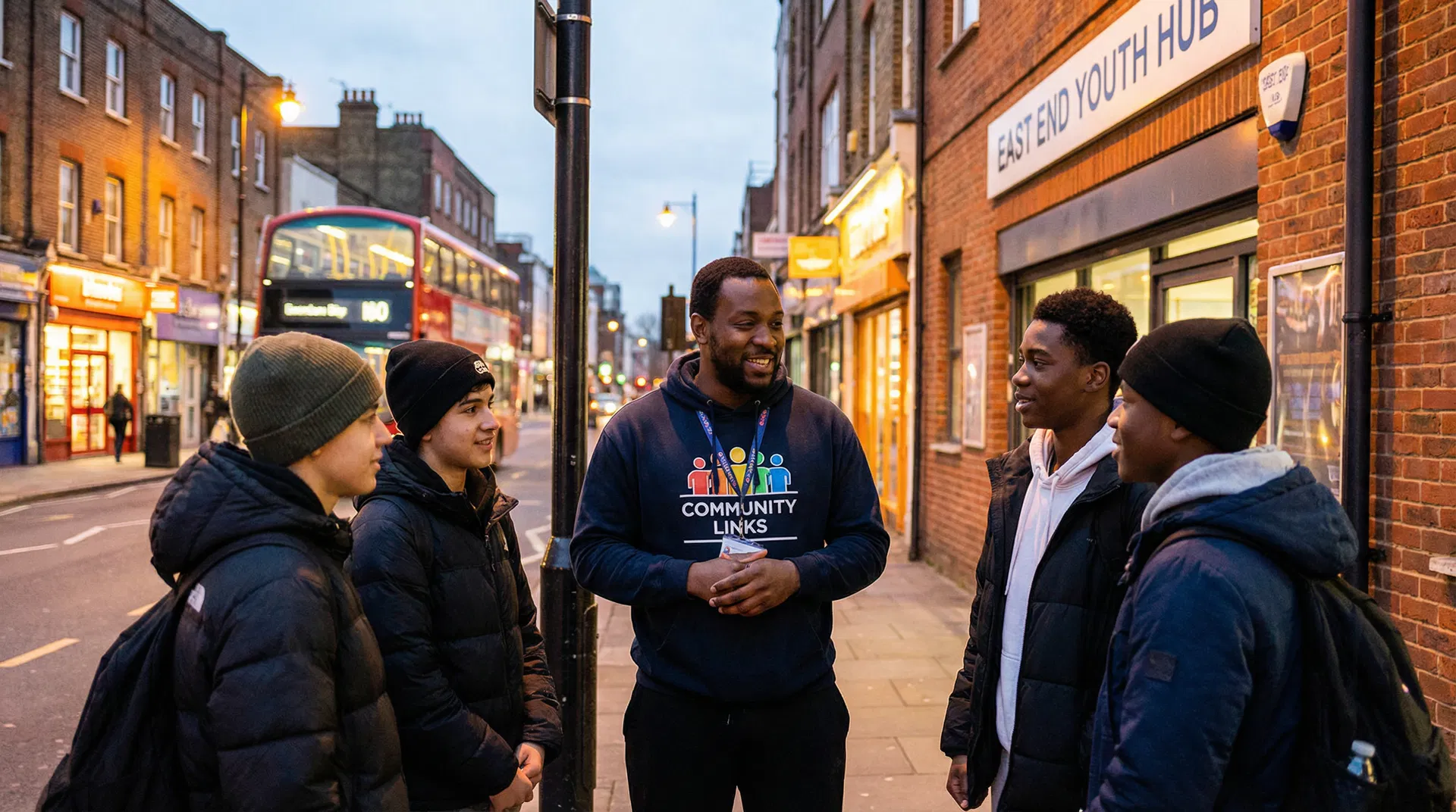 A youth worker talking with young people on a London street in the evening, genuine connection