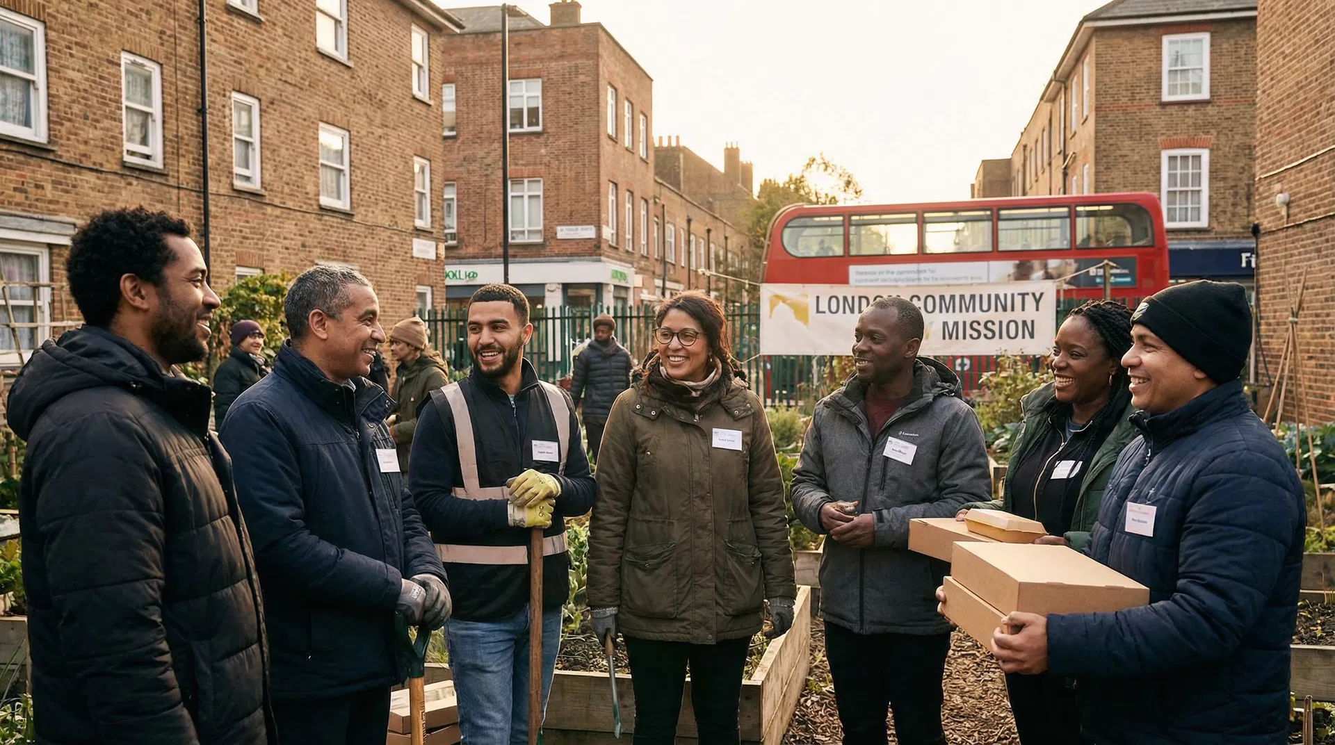 Diverse group of mission workers in London community garden setting, urban backdrop