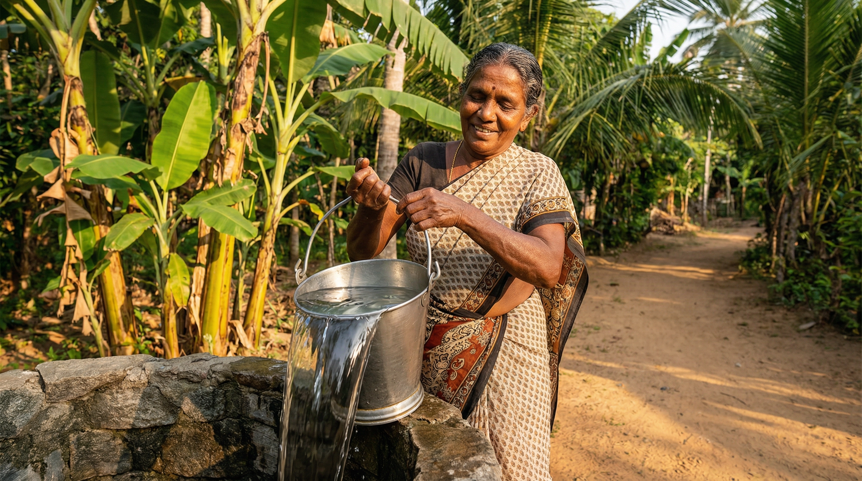 A woman drawing water from a clean well in Sri Lanka, bright sunlight, sense of dignity and relief, green surroundings