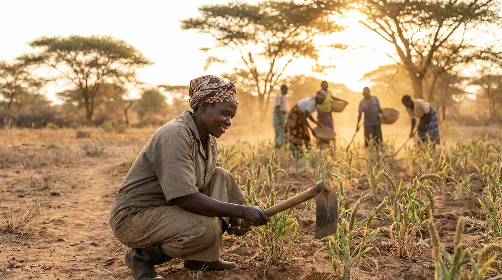 A woman tending crops in a dry African landscape with community members in background