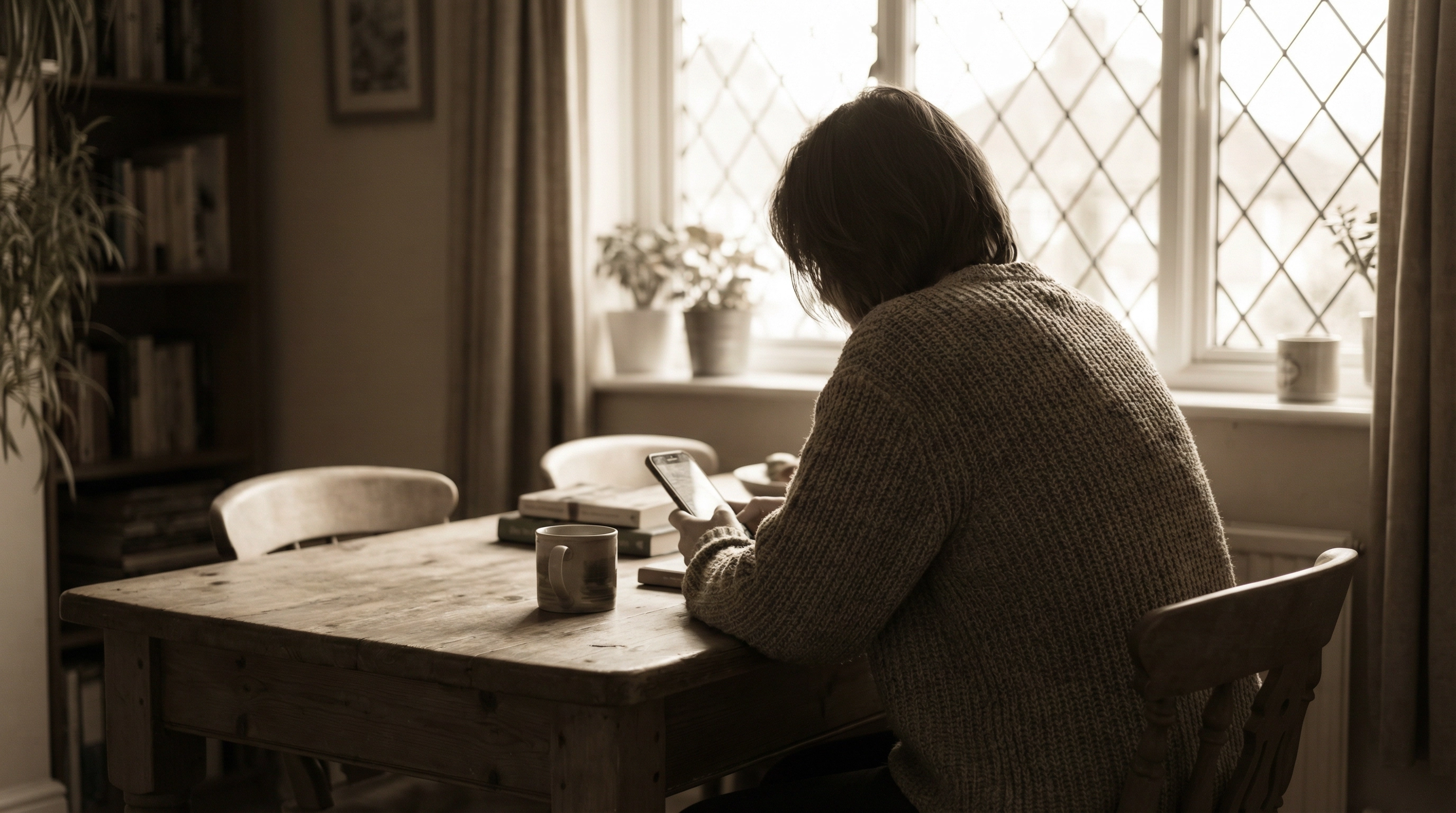 A person sitting alone with a phone, warm light from a window, sense of loneliness and longing for connection