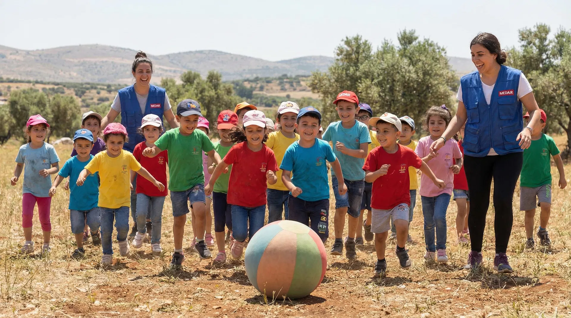Children playing an energetic outdoor group game in Lebanon with Medair aid workers facilitating