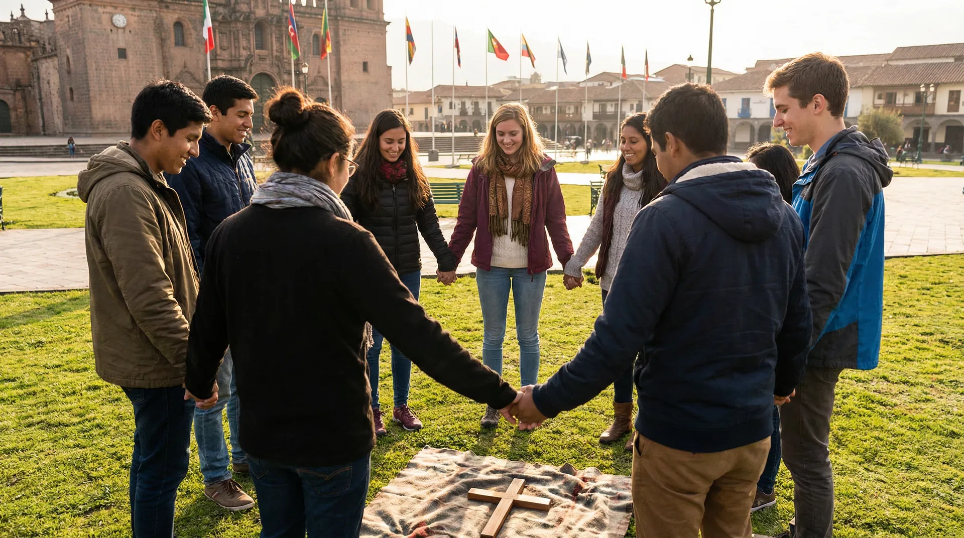 Diverse global group of young Christians gathered in a circle in prayer