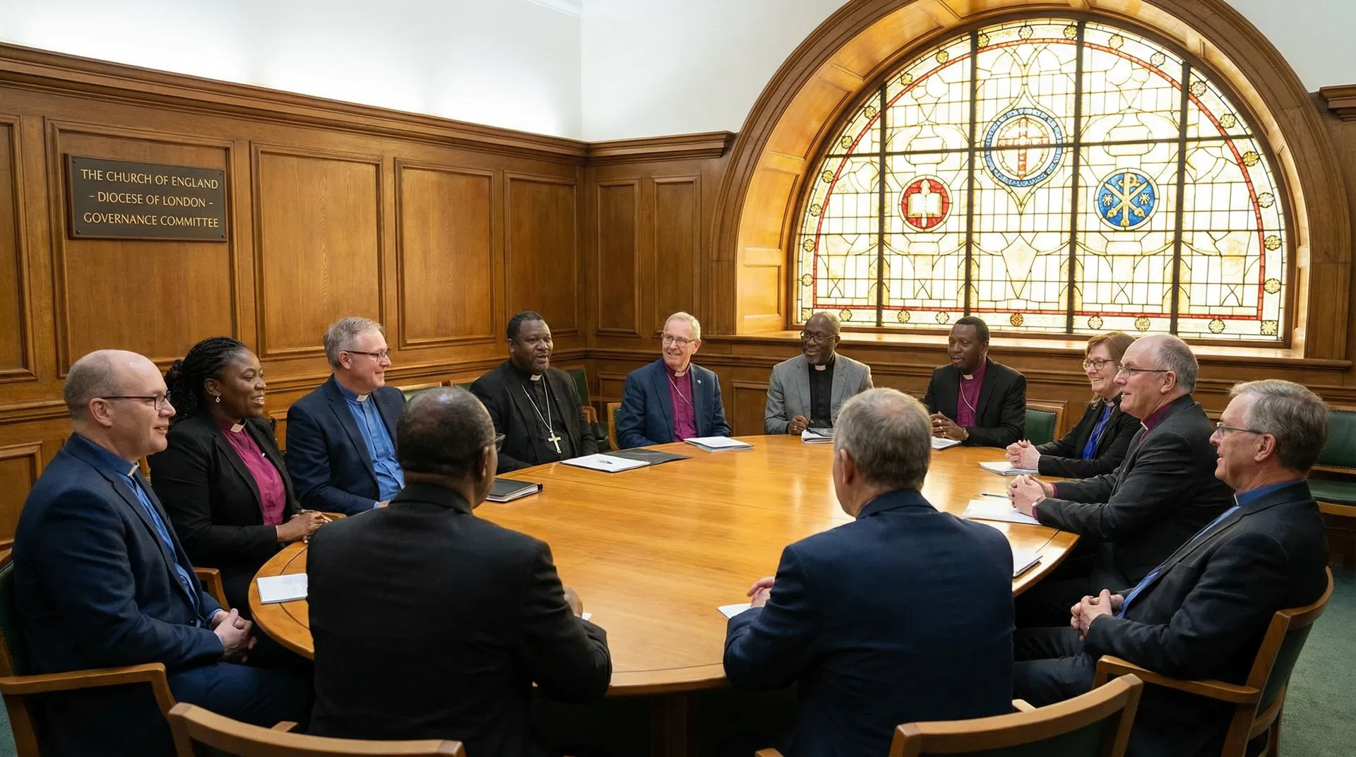Methodist church leaders gathered around a conference table with stained glass in background