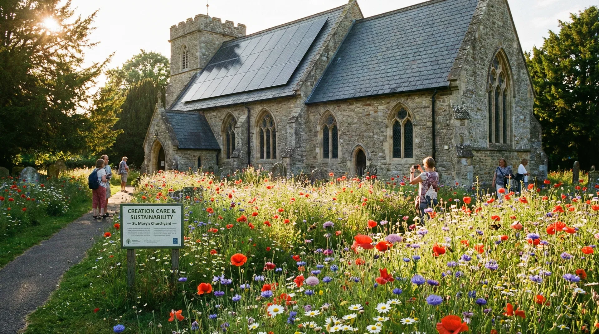 Methodist church with solar panels and green space