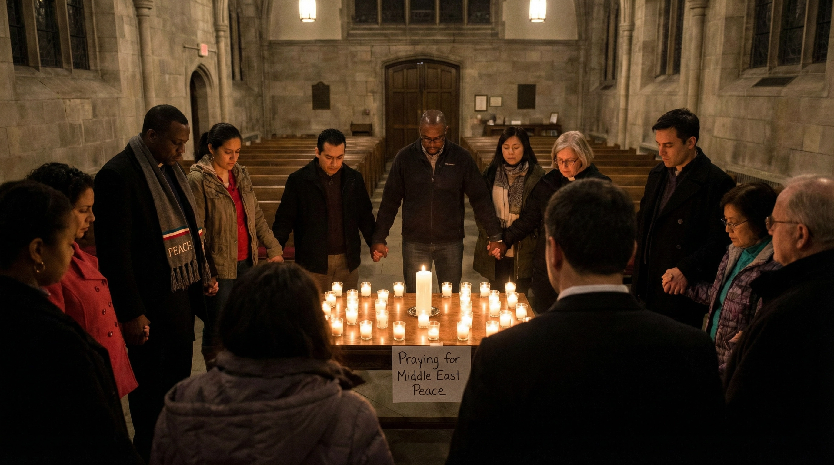 Diverse group of Christians praying together for peace in the Middle East