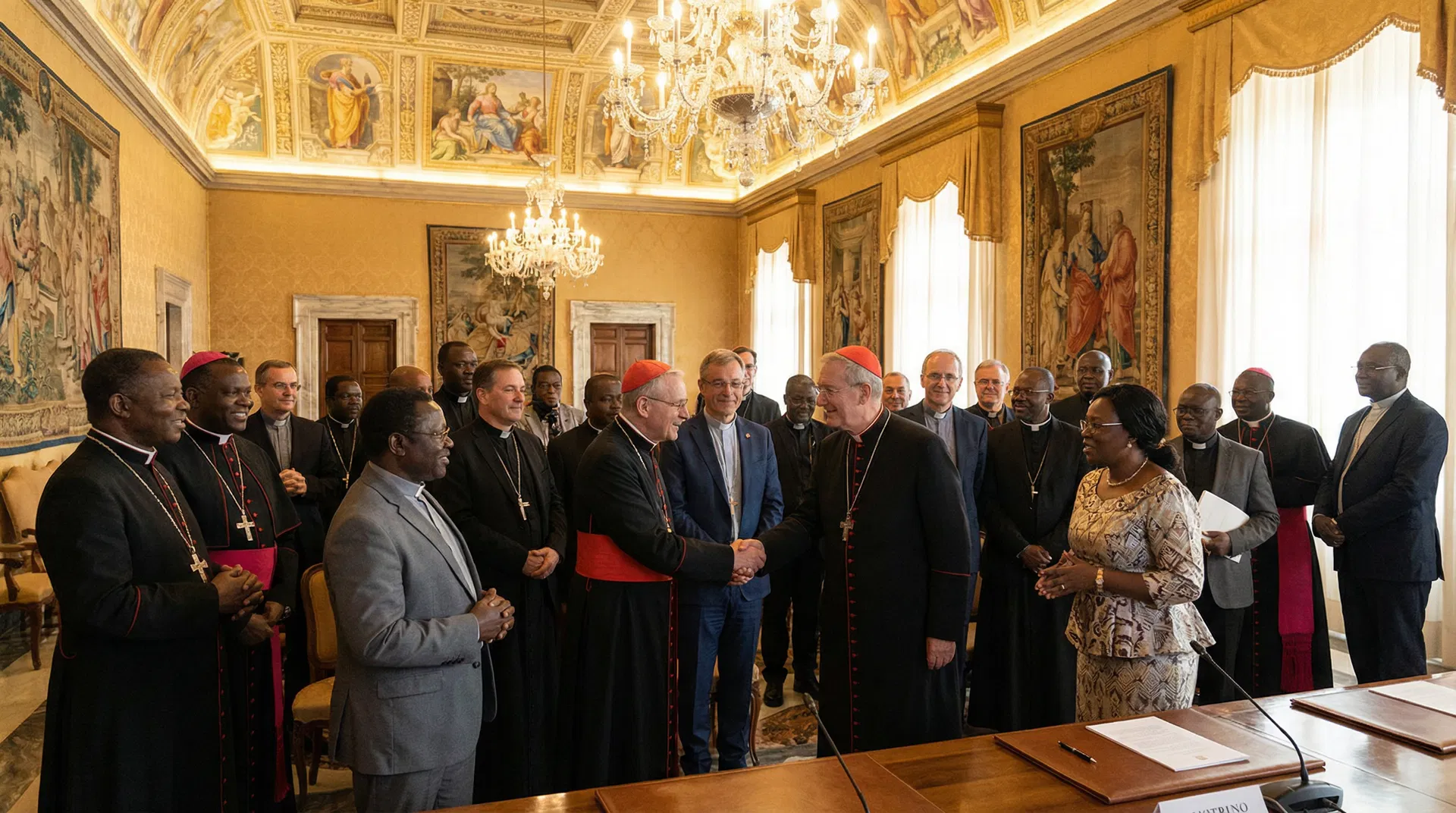 Interfaith leaders meeting in a grand Vatican reception room