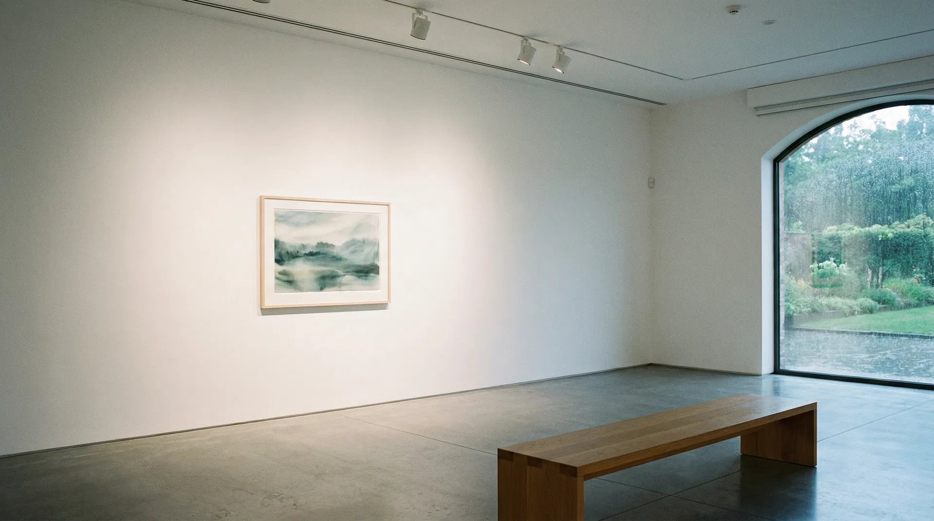 Art gallery interior with a single framed watercolour painting on a white wall