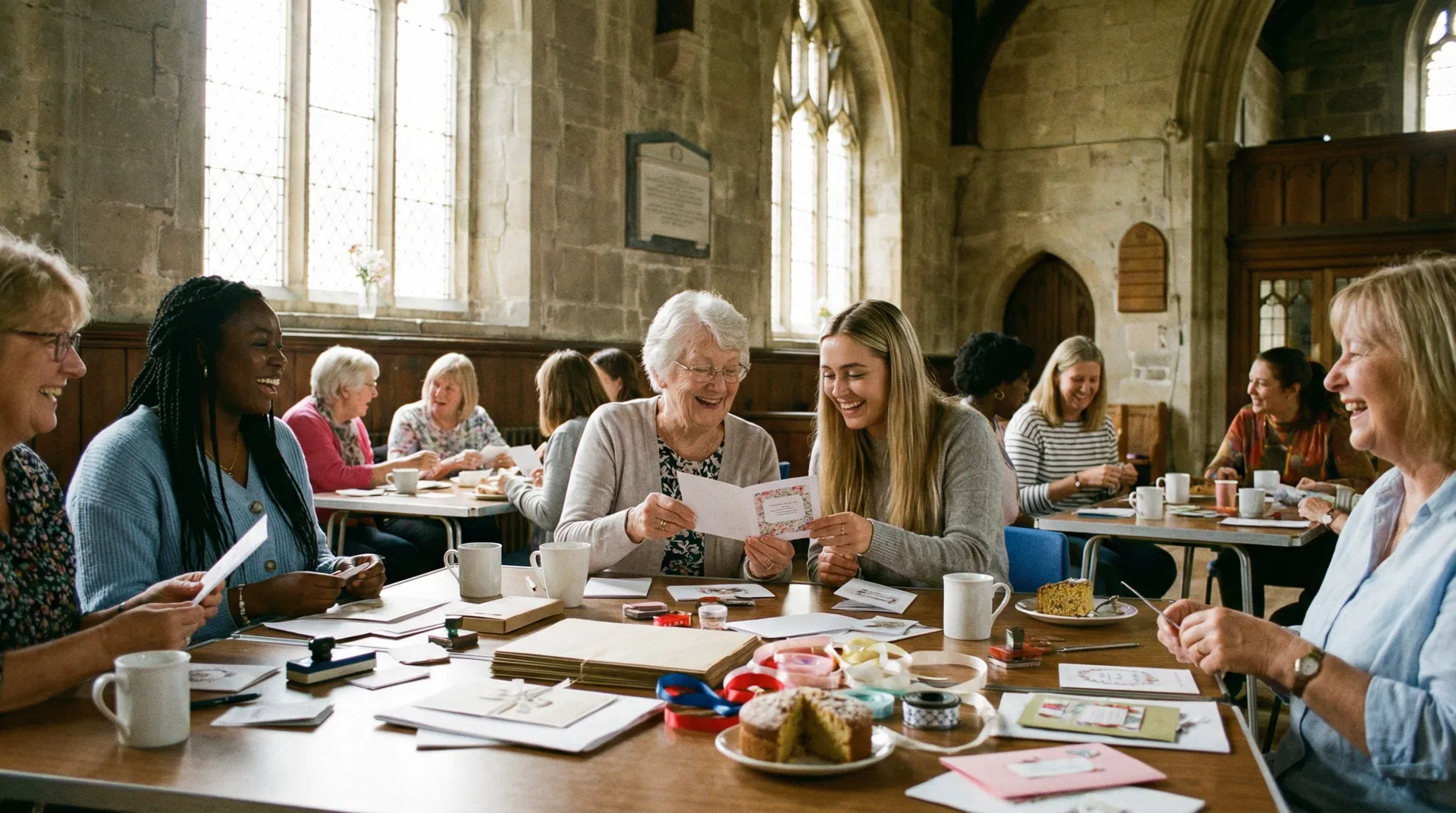 Women of different ages making handmade cards together in a UK church hall