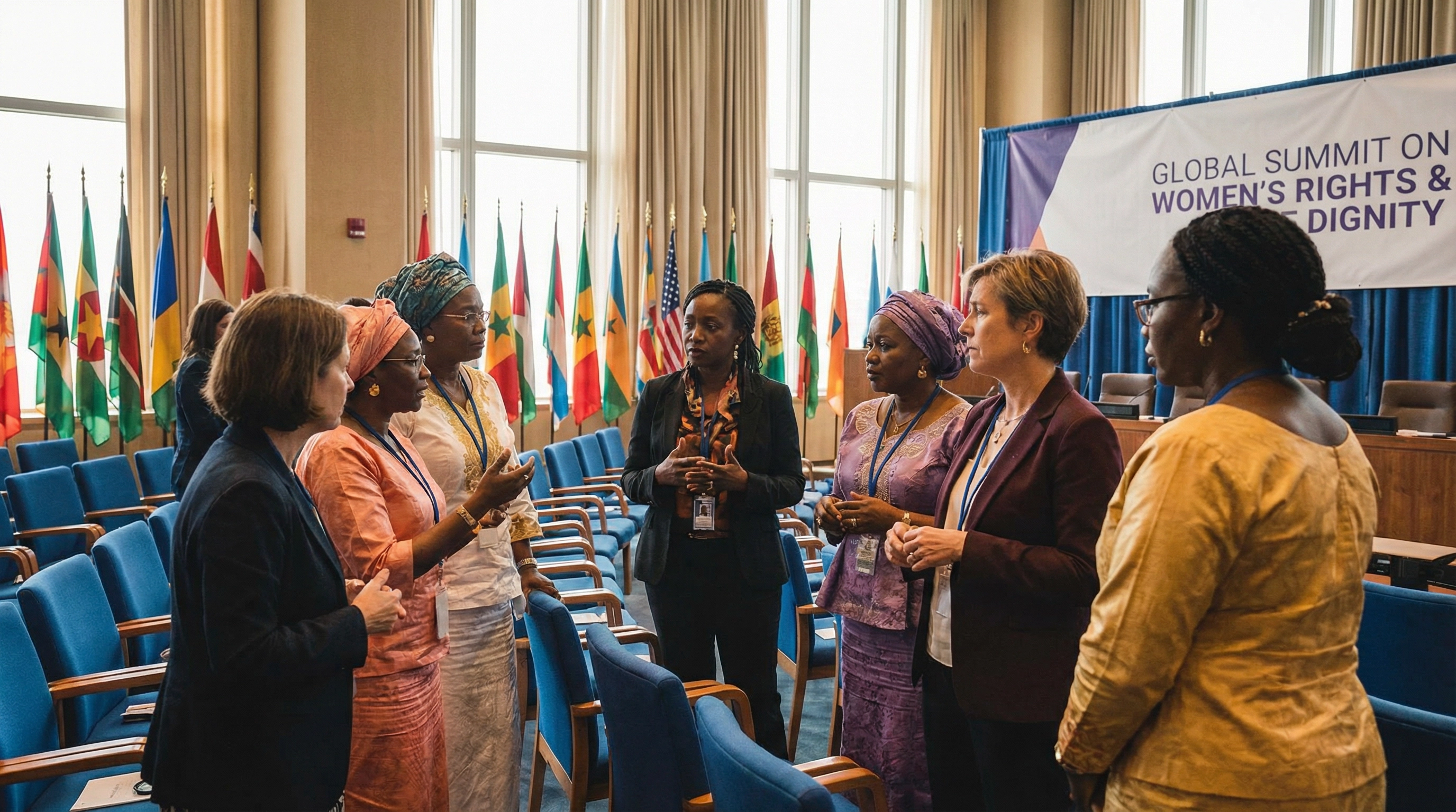 Diverse women delegates at the United Nations headquarters in New York