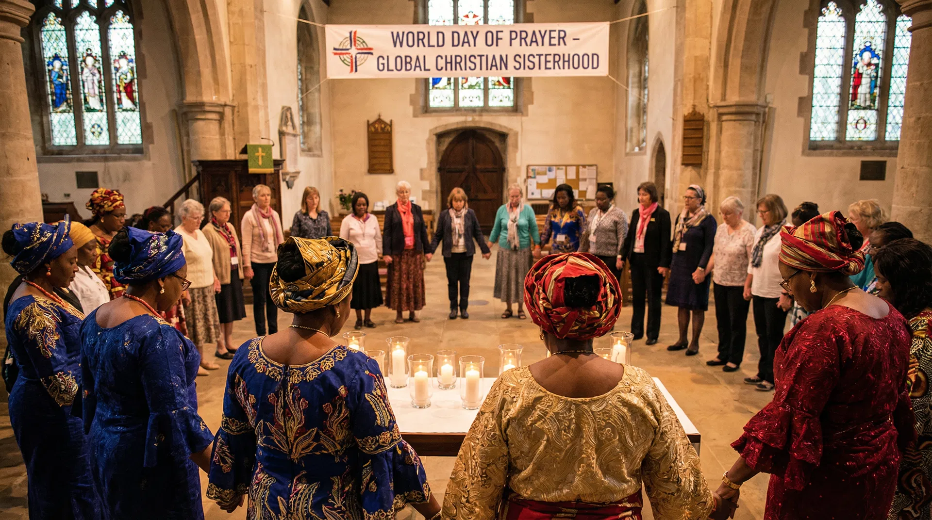 Diverse women from different nations standing in a circle in prayer at an ecumenical World Day of Prayer service