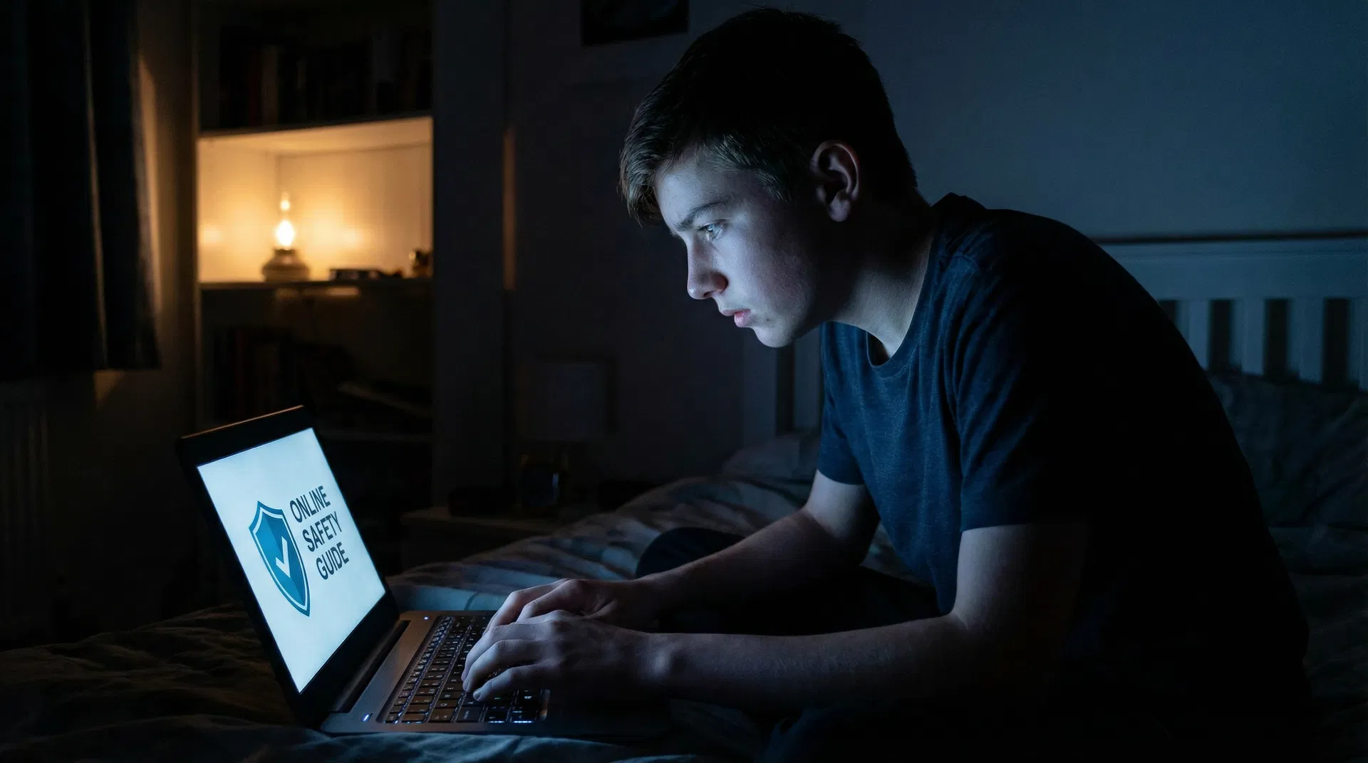 Teenager alone in a dark bedroom with the glow of a laptop screen