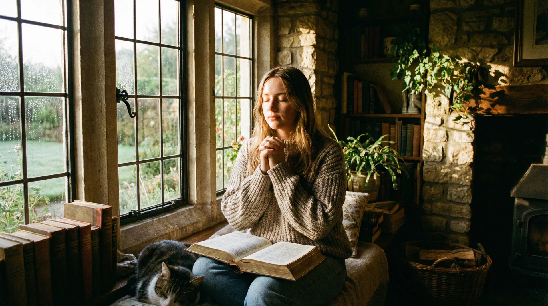 A person sitting quietly by a window in morning light, Bible open, in a posture of waiting and prayer