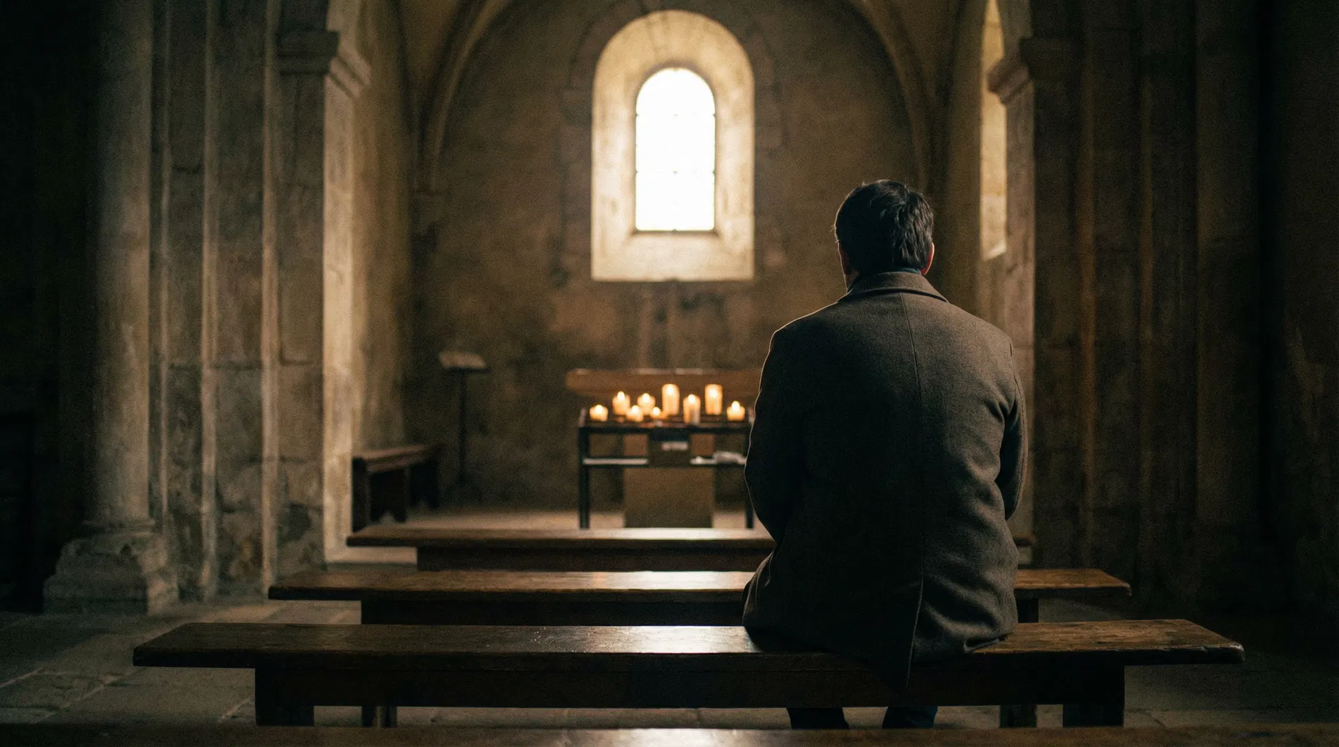 Person sitting in contemplation in a church