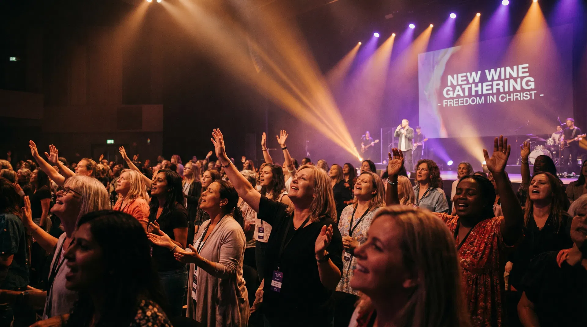 A diverse group of women at a New Wine Christian conference with hands raised in worship