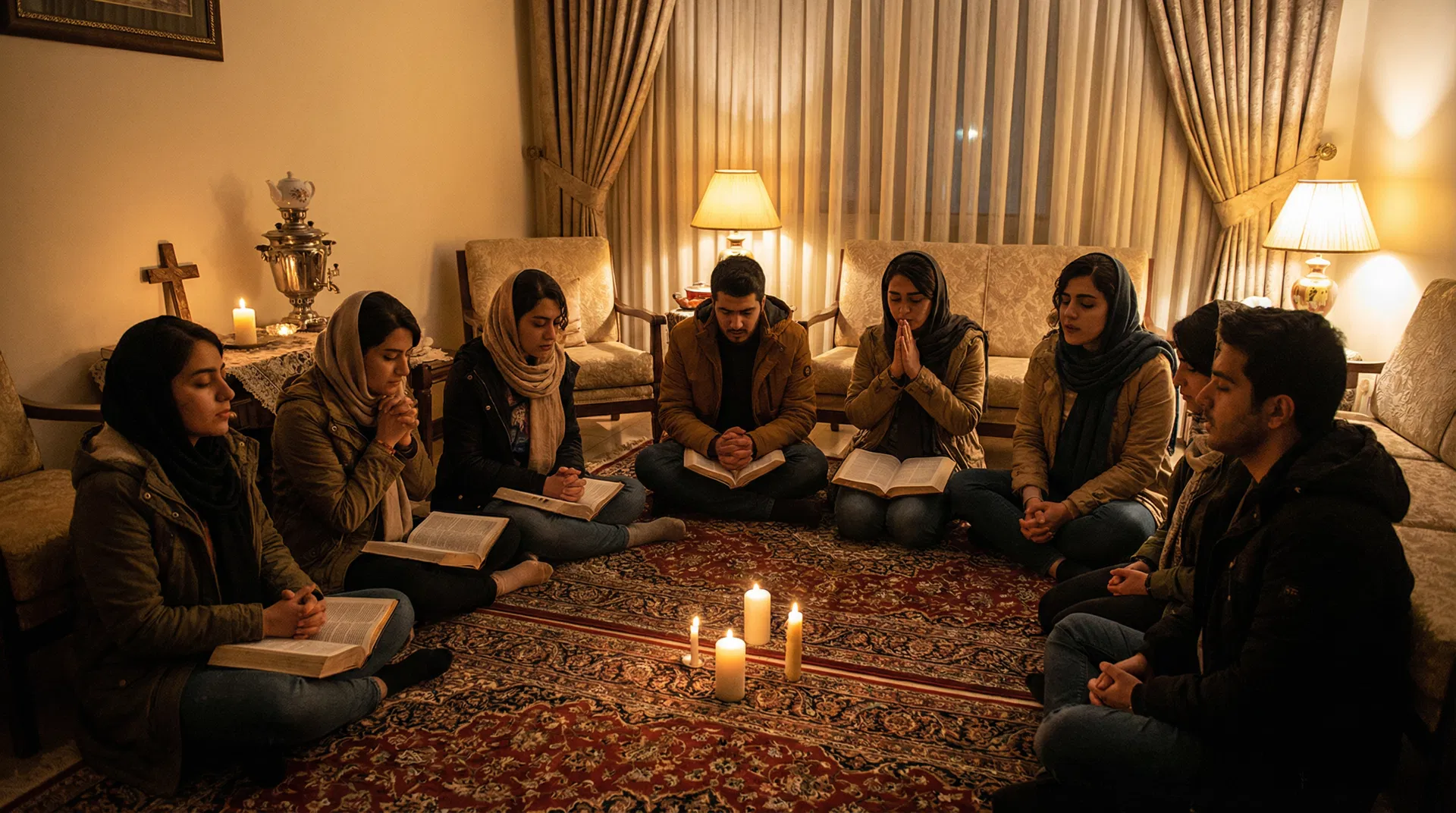 Young Iranian Christians gathered in a house church, praying together by candlelight with Bibles
