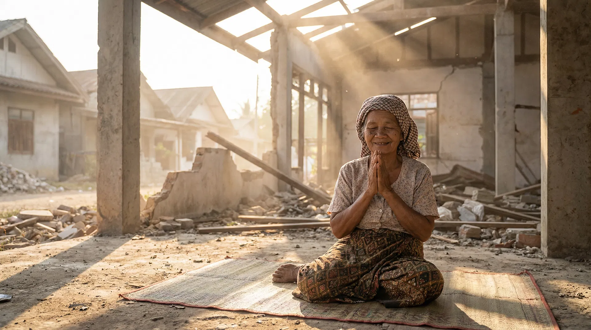 A woman sitting in prayer amid earthquake rubble in Myanmar, expression of quiet peace