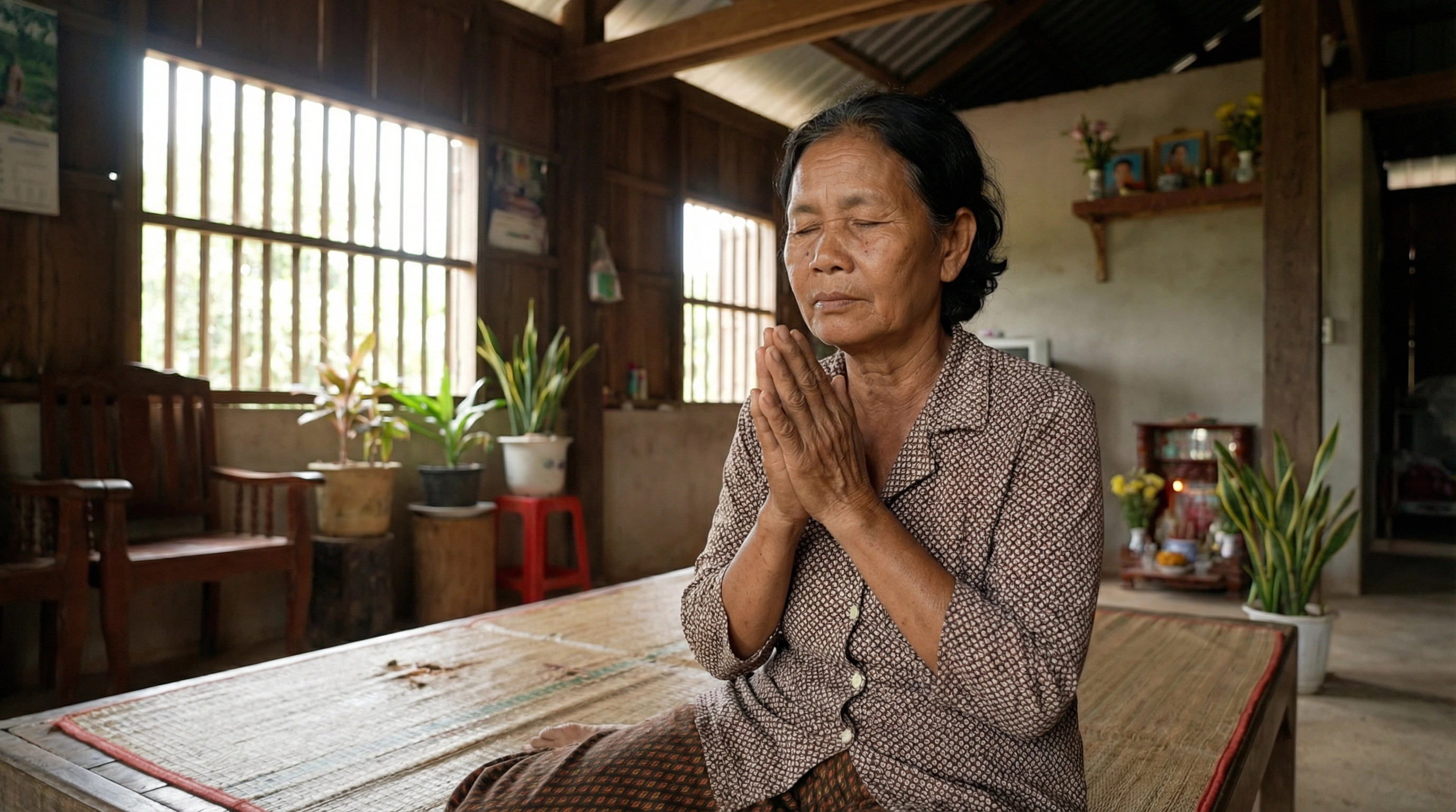 Woman in South East Asia praying quietly in a simple home, soft light through a window
