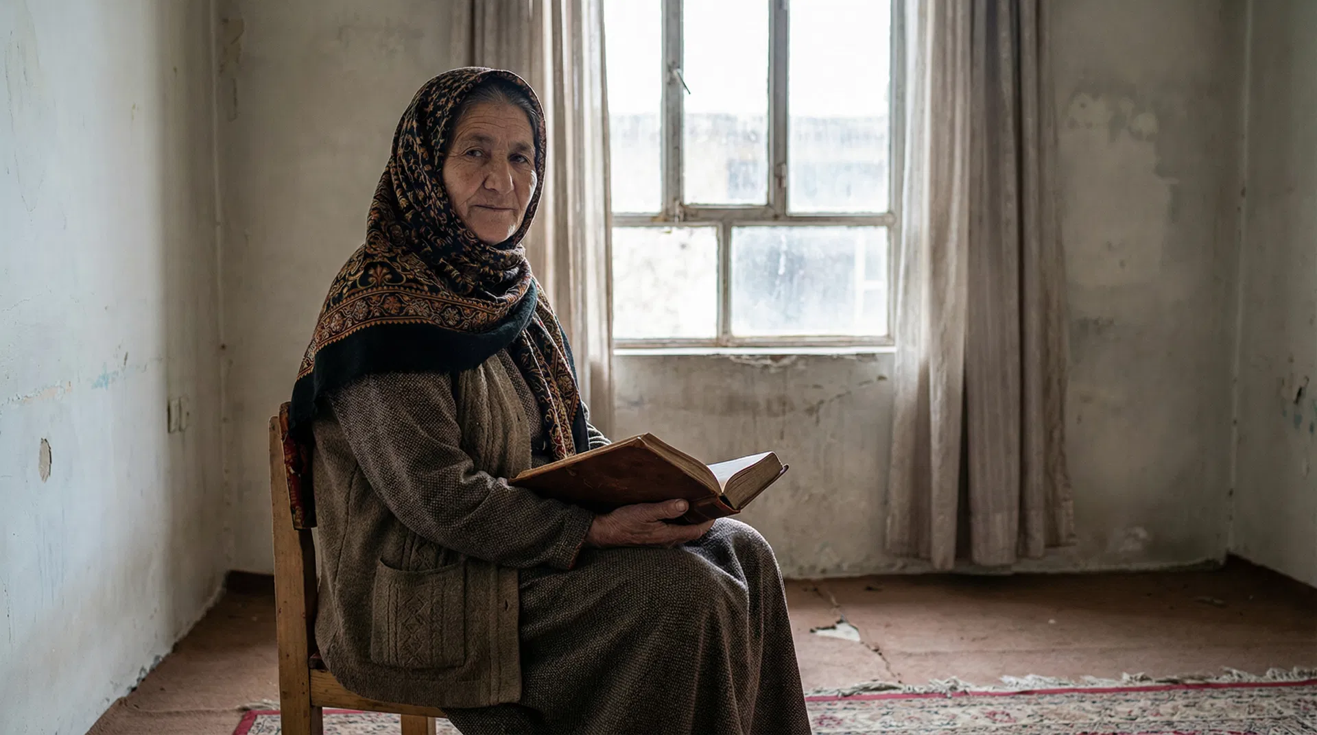 A woman in a headscarf sitting by a window in a sparse room, looking with quiet determination