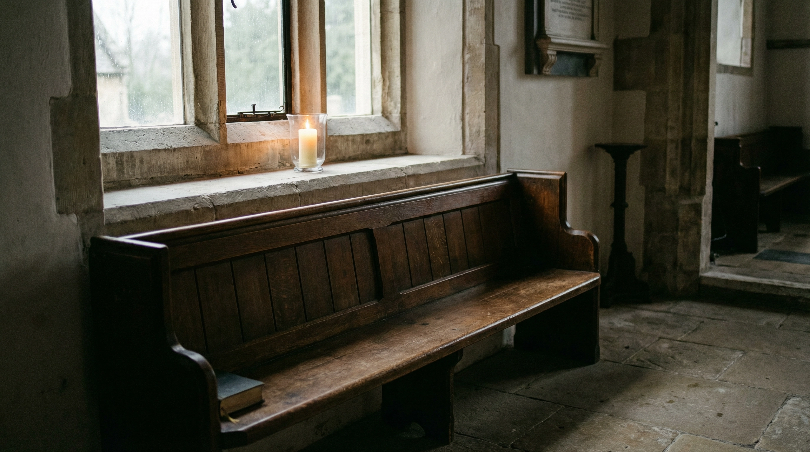 Empty church pew with soft light, a single candle burning, quiet atmosphere of grief and reflection