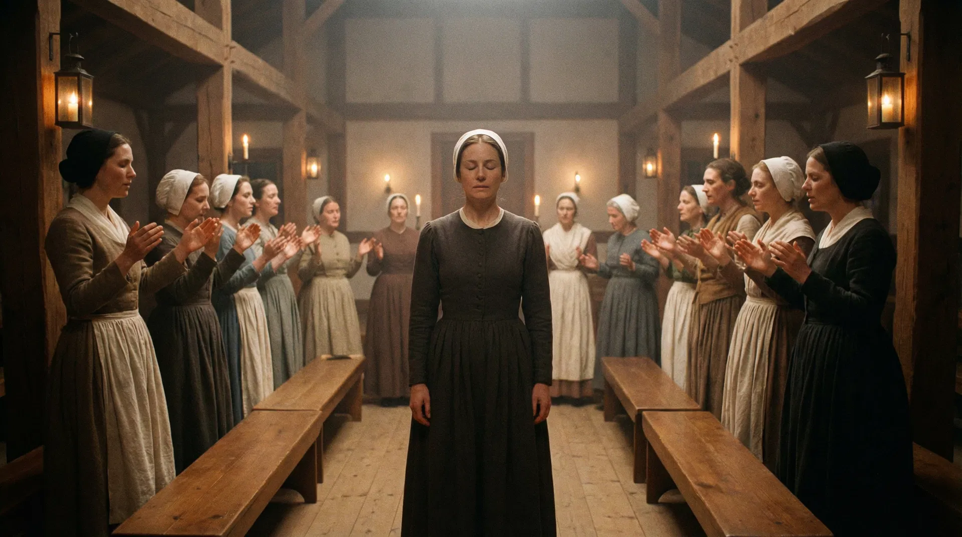 Quaker meeting house interior, simple wooden benches, soft natural light