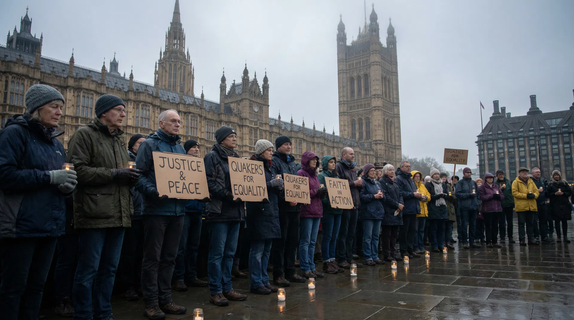 A peaceful protest vigil outside the UK Parliament in London with faith activists holding signs calling for justice