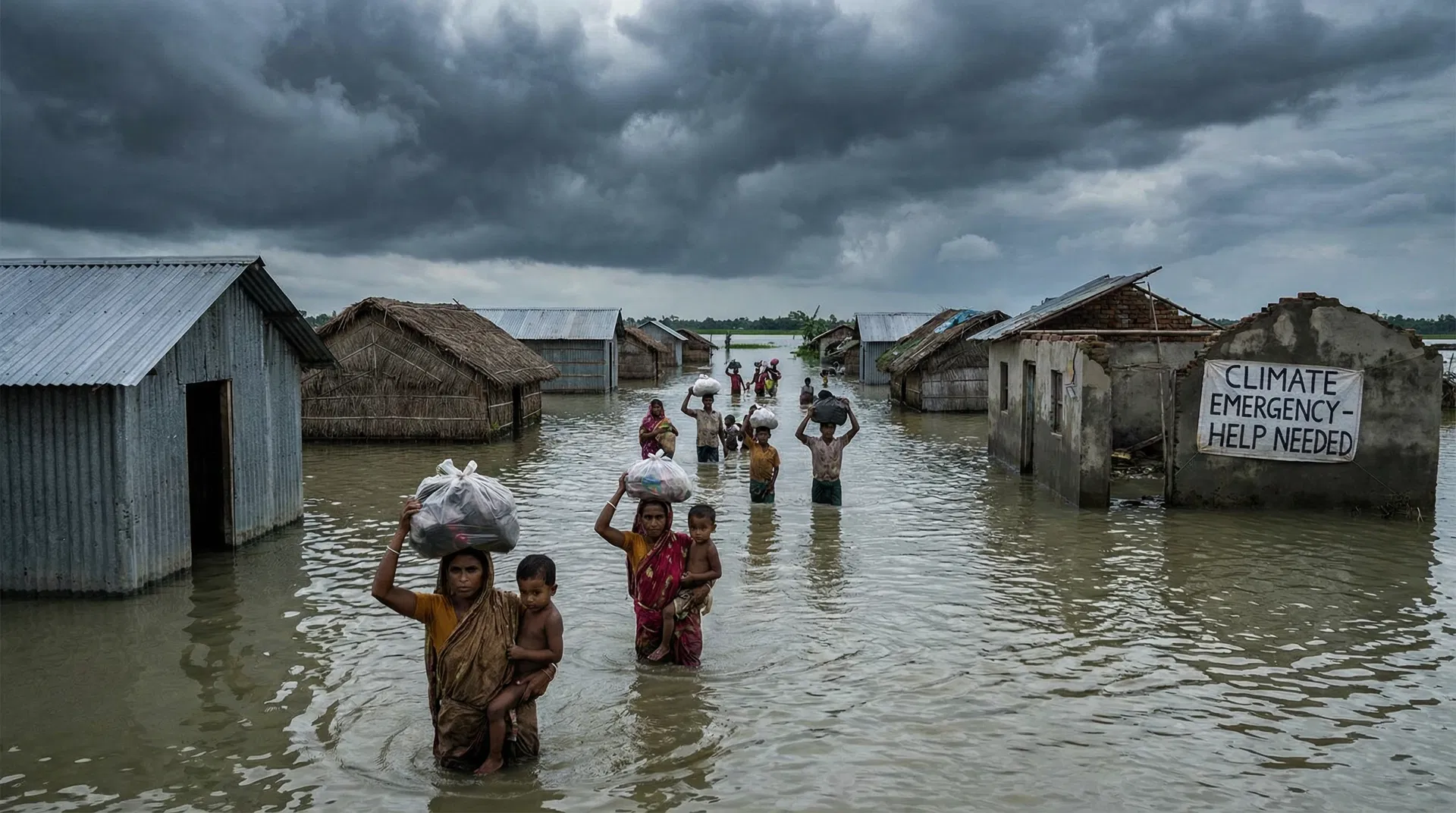 Flooded village in a developing country with people wading through water and dramatic sky