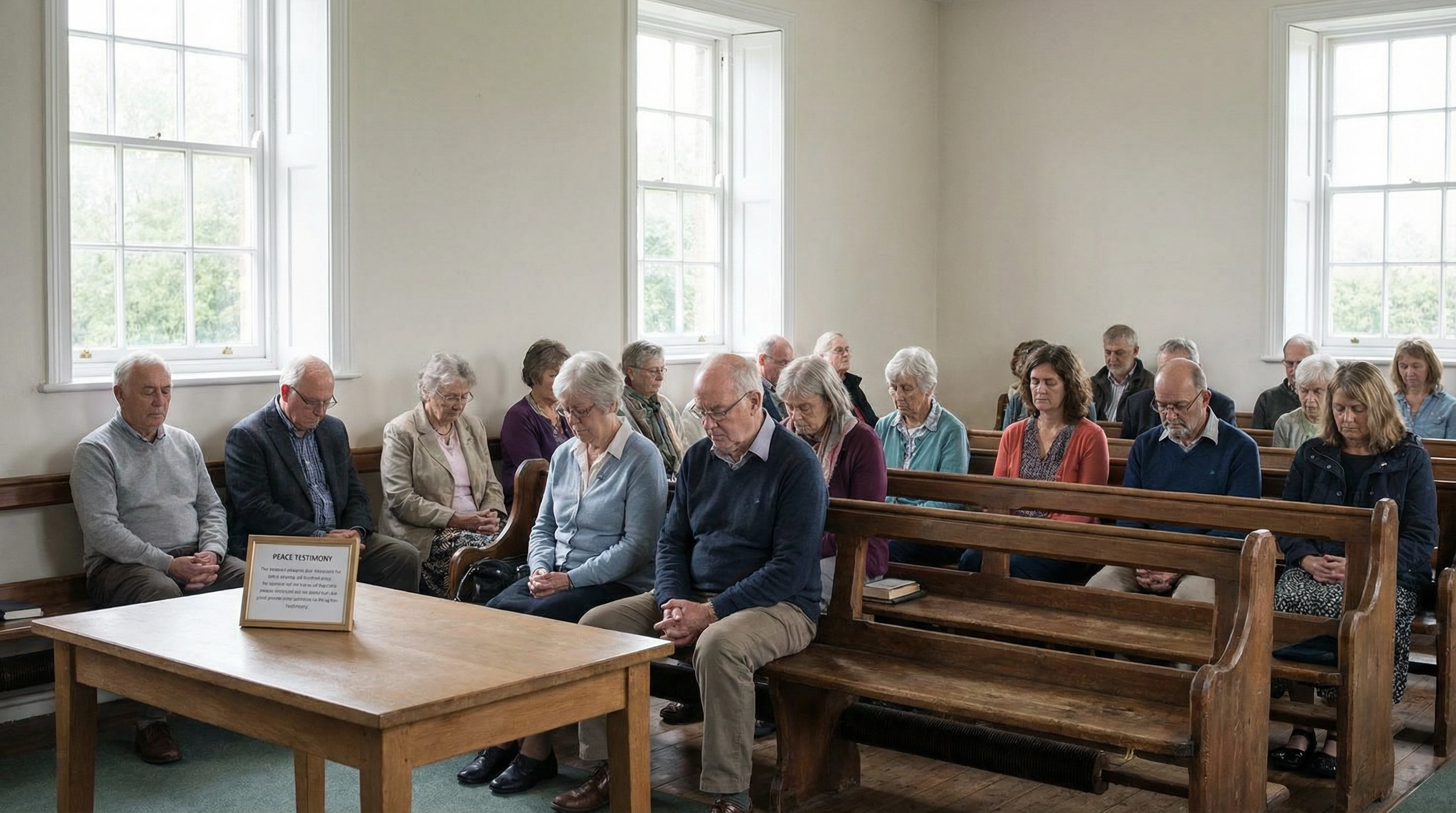 Quaker meeting house in England, people gathered in quiet reflection