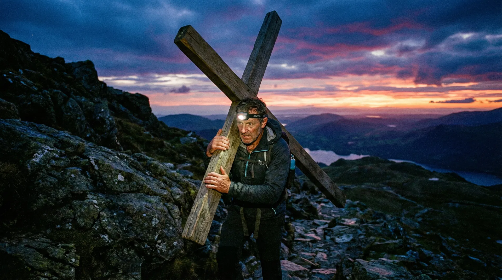 A person carrying a large wooden cross up a steep mountain path at dawn