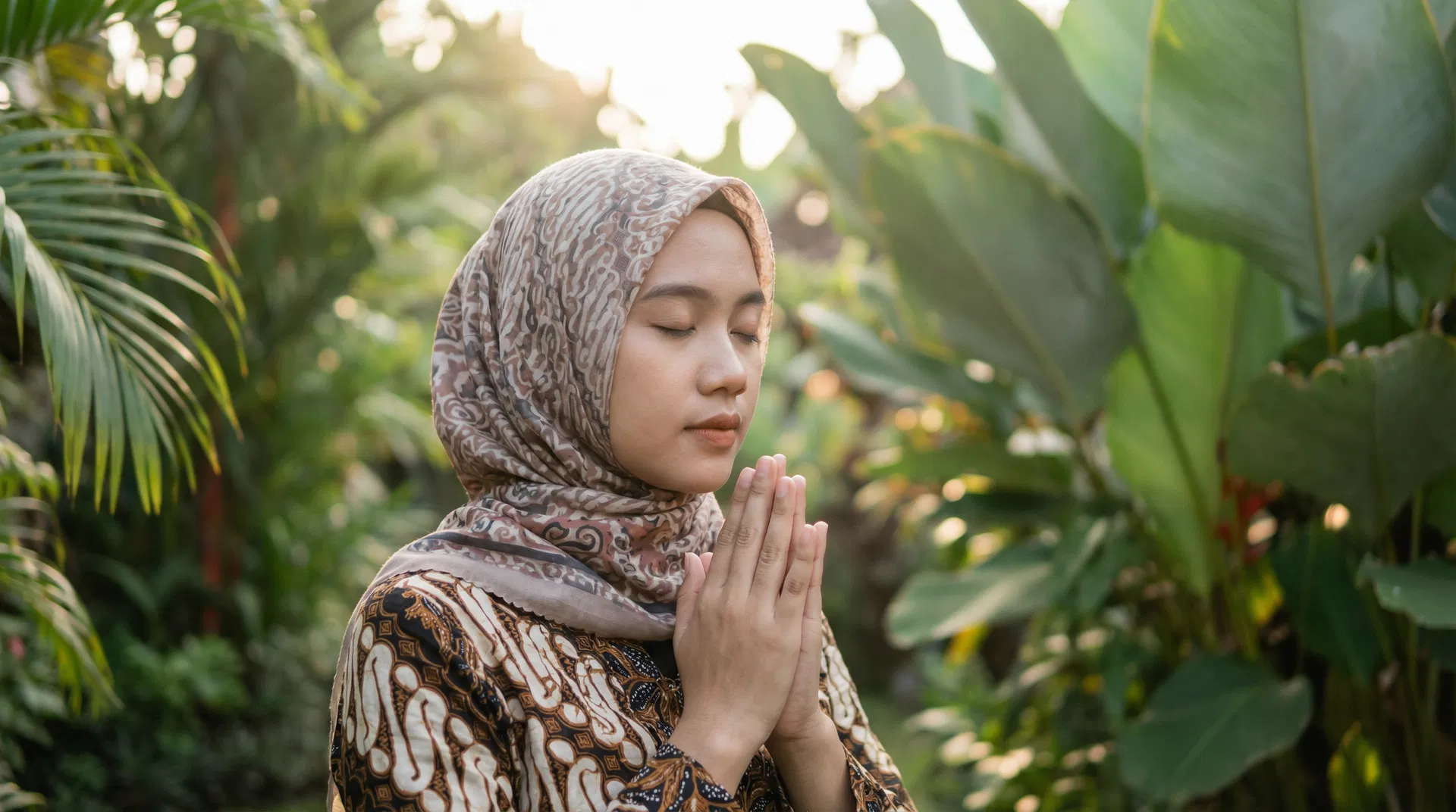 A woman in prayer with hands clasped, soft light, Indonesian setting