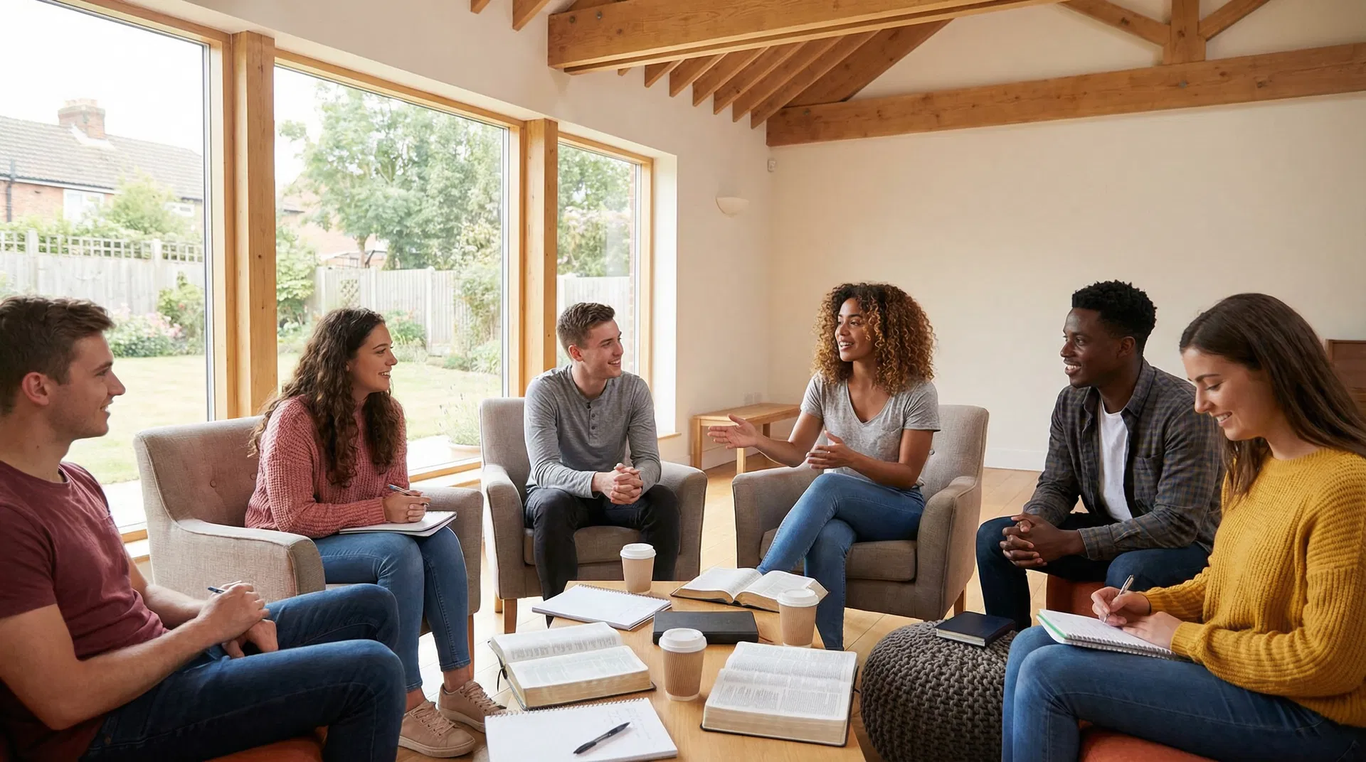 A diverse group of young men and women in a church small group discussion, listening and engaging