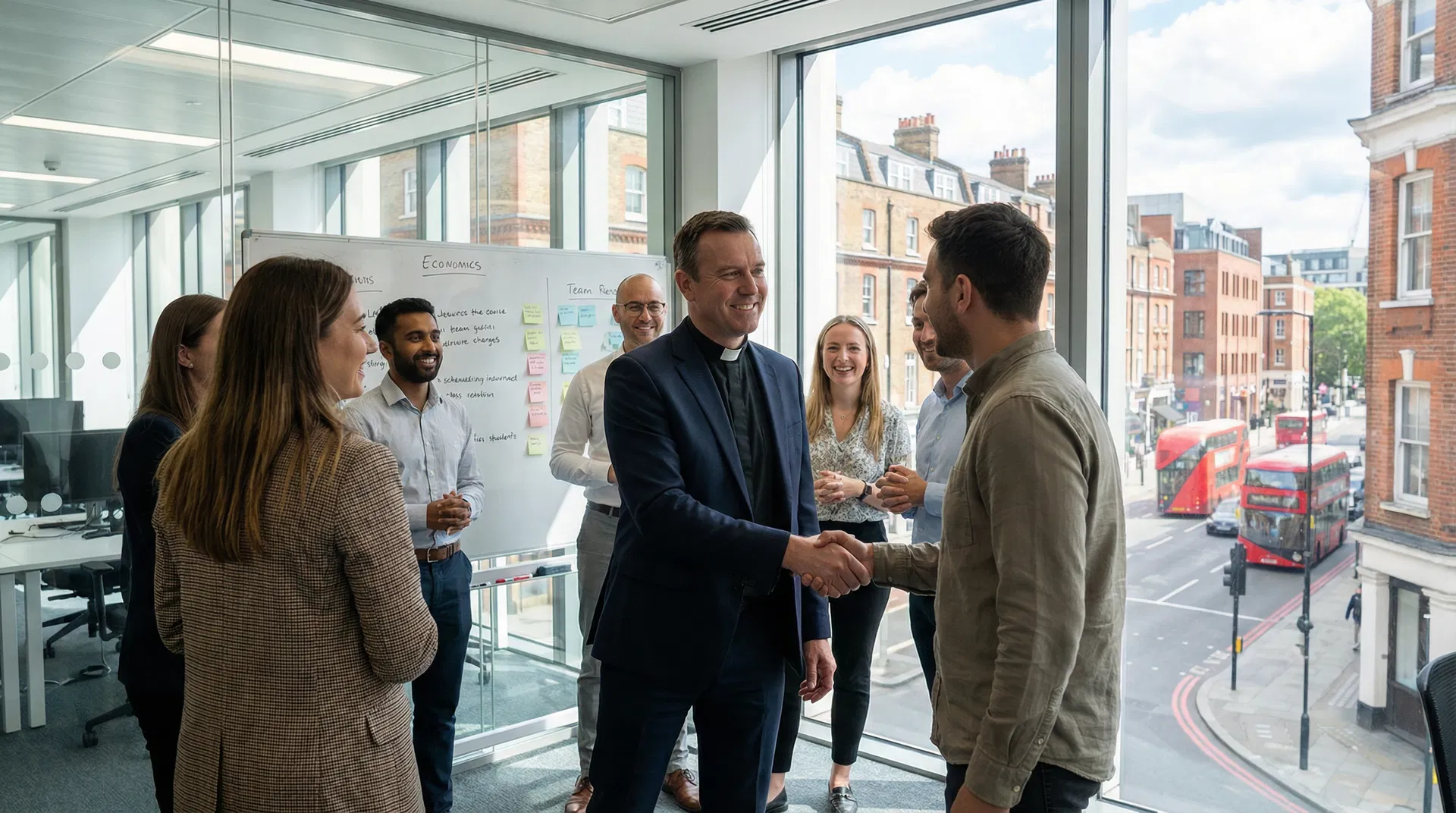 Community leader meeting with partners in a modern UK office