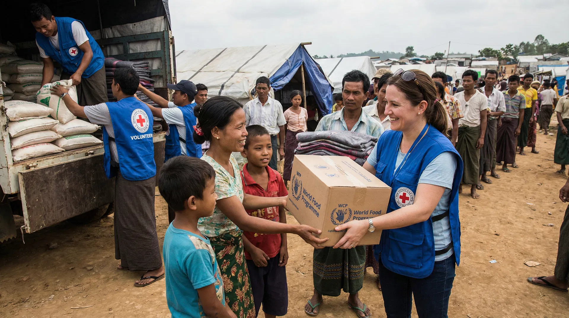 Humanitarian aid supplies being distributed to displaced families