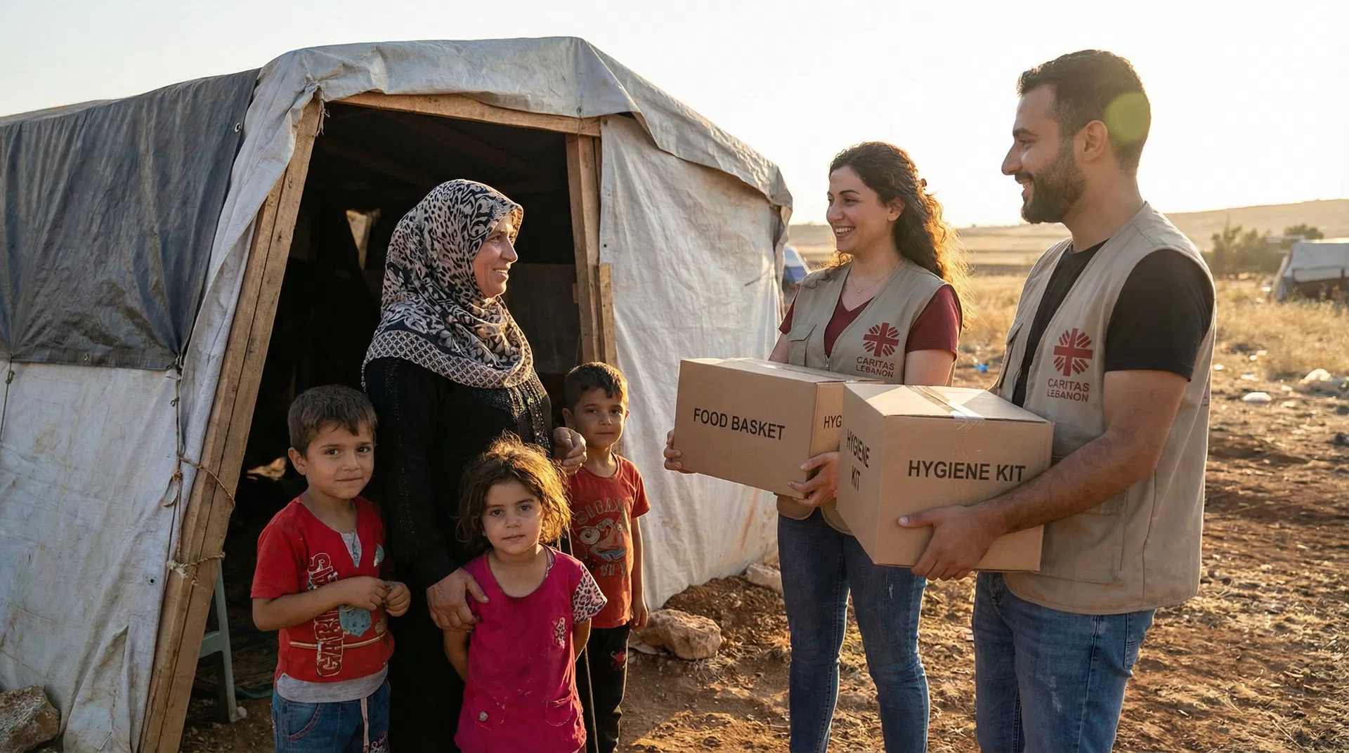 Church volunteers in Lebanon distributing food baskets and hygiene kits to a displaced family outside a makeshift shelter
