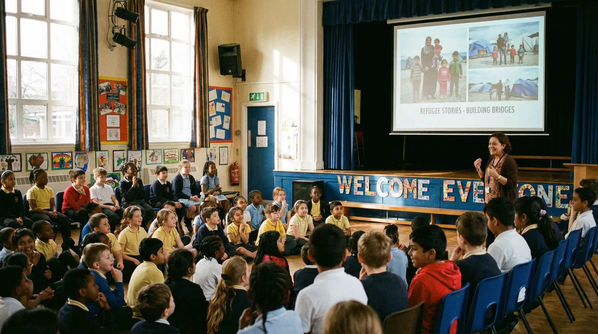 School assembly hall with children listening to a presentation about refugees