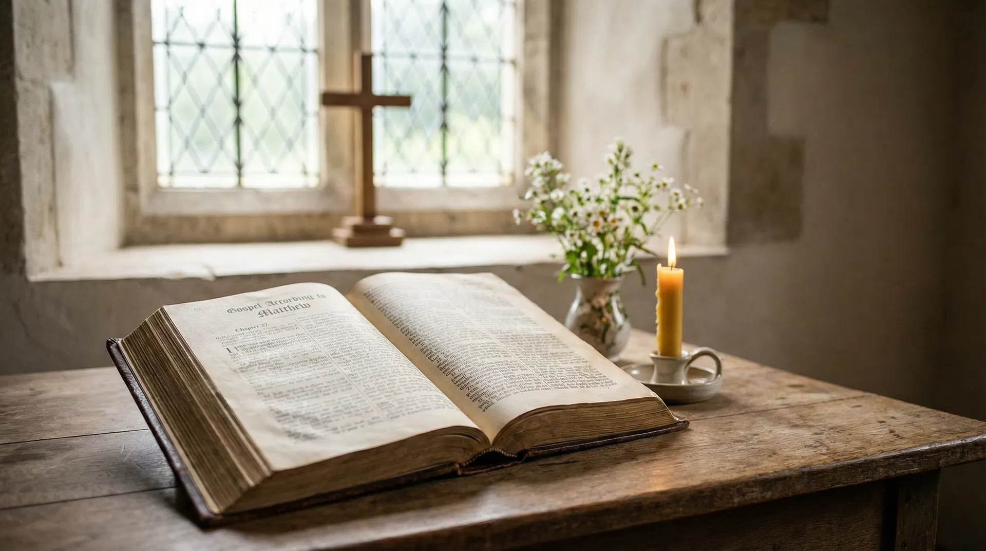 Bible open to Matthew 27 in a church setting