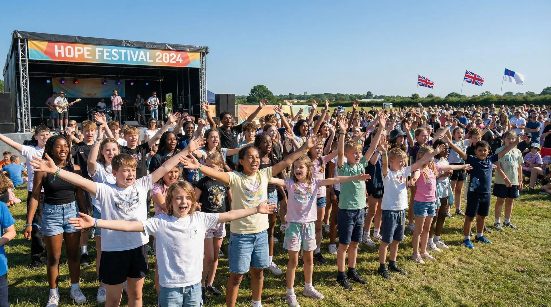 A group of young people with arms raised in worship at an outdoor Christian event