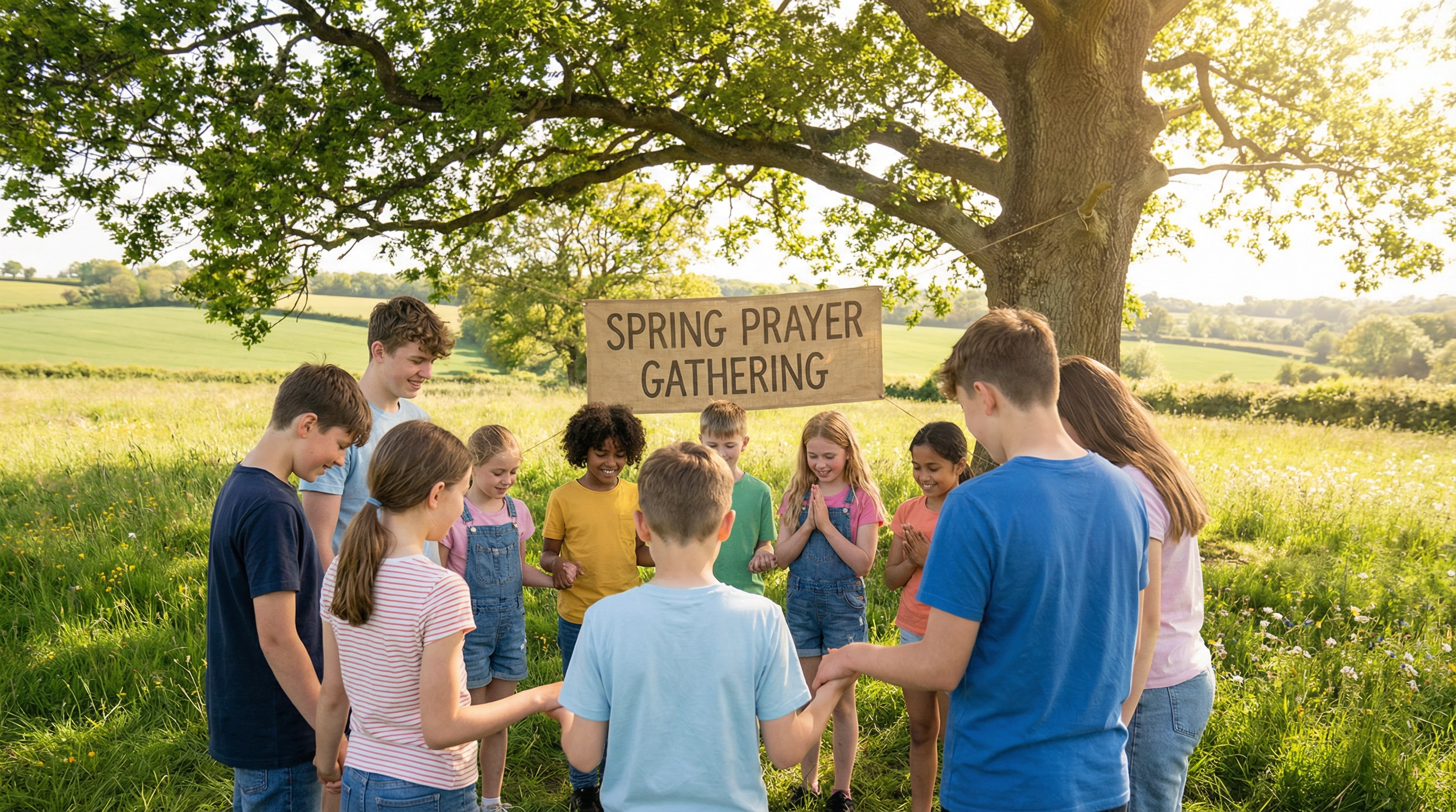 Children and young people gathered in prayer at an outdoor event, spring sunshine, sense of joy and faith