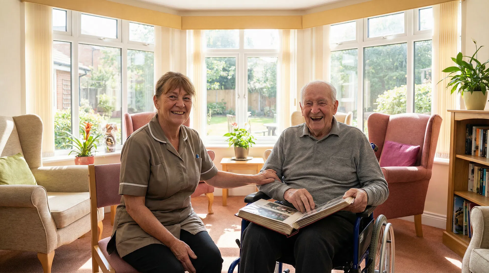 Care worker supporting a person with a disability in a warm residential setting