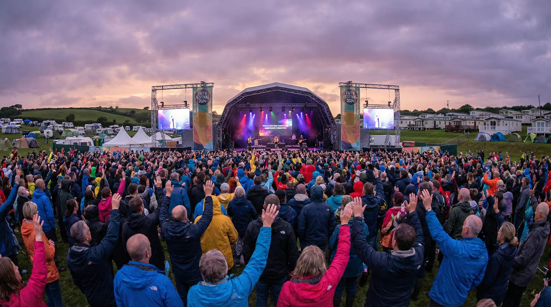 Large outdoor worship gathering at a UK holiday park with thousands of people