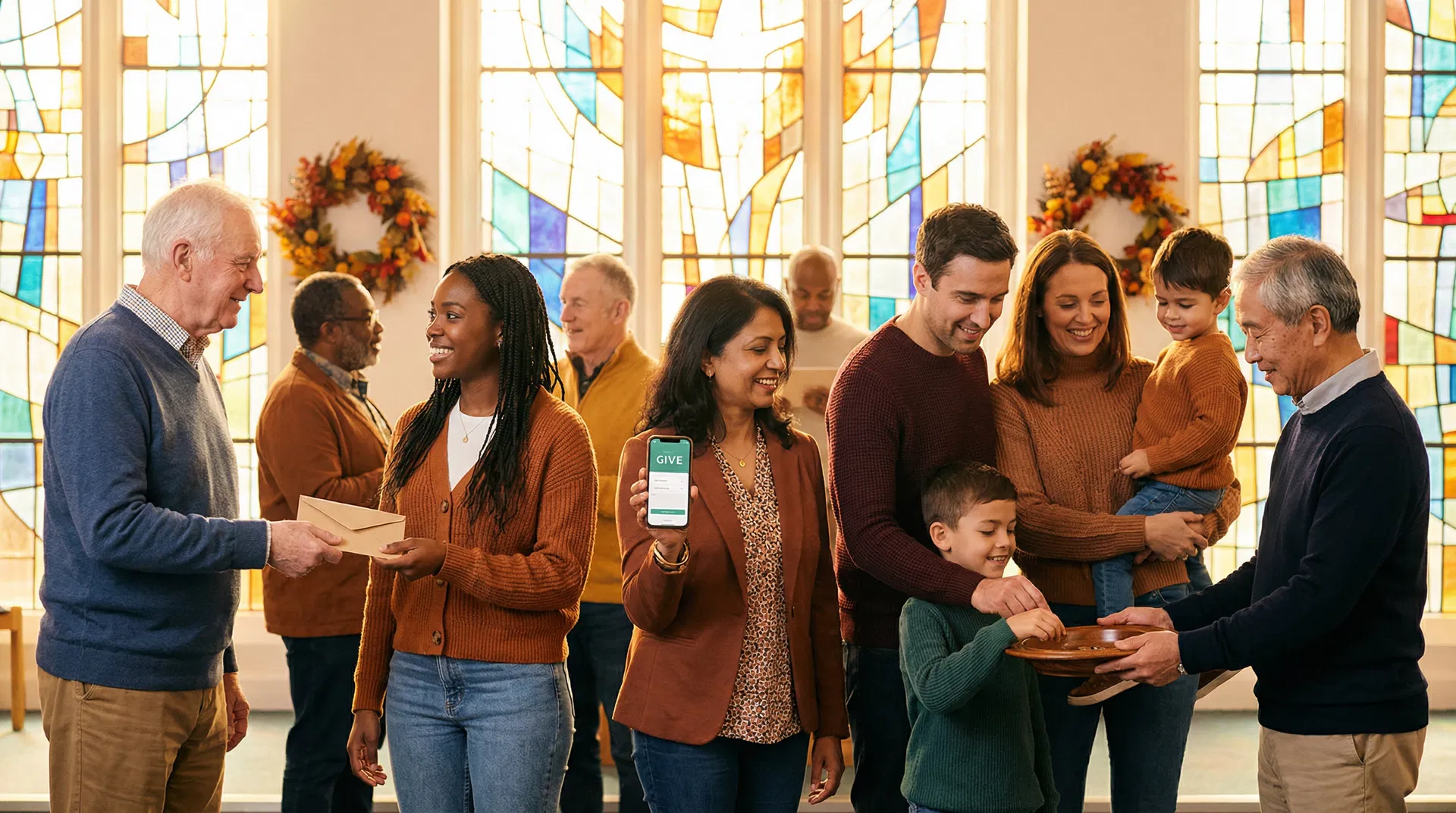 Diverse UK Christians of different ages giving generously in a church — handing envelopes, using a giving app, placing coins in a collection plate, with warm stained glass light behind them