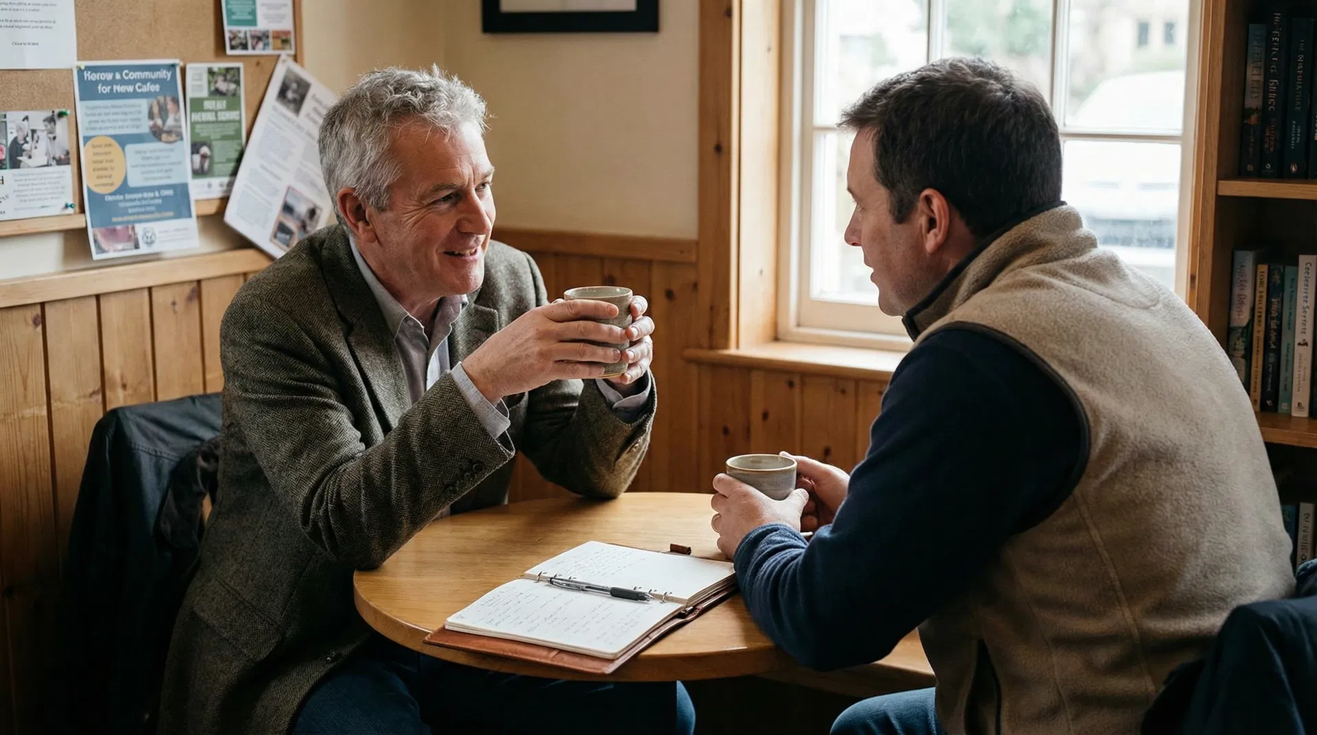 Man having a warm conversation over coffee with a church supporter, open notebook on table