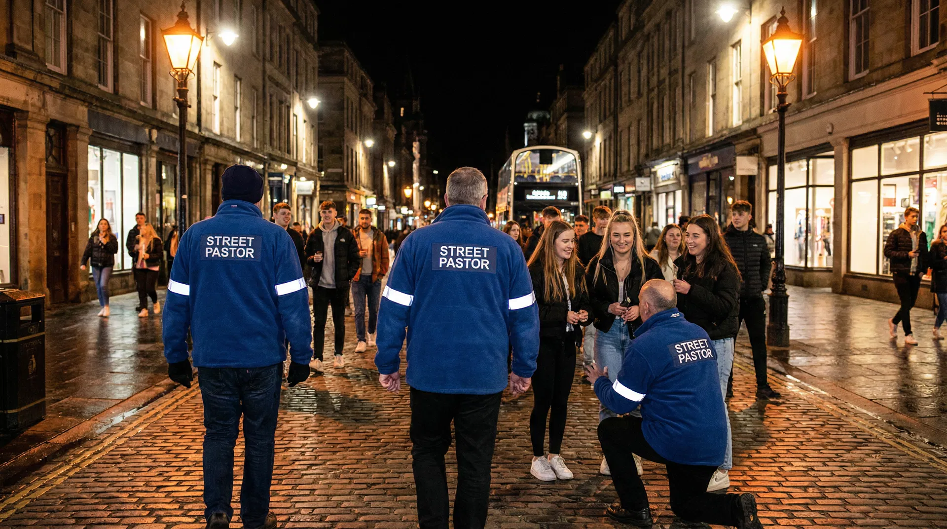 Street Pastors in blue uniforms engaging with young people on a UK high street at night