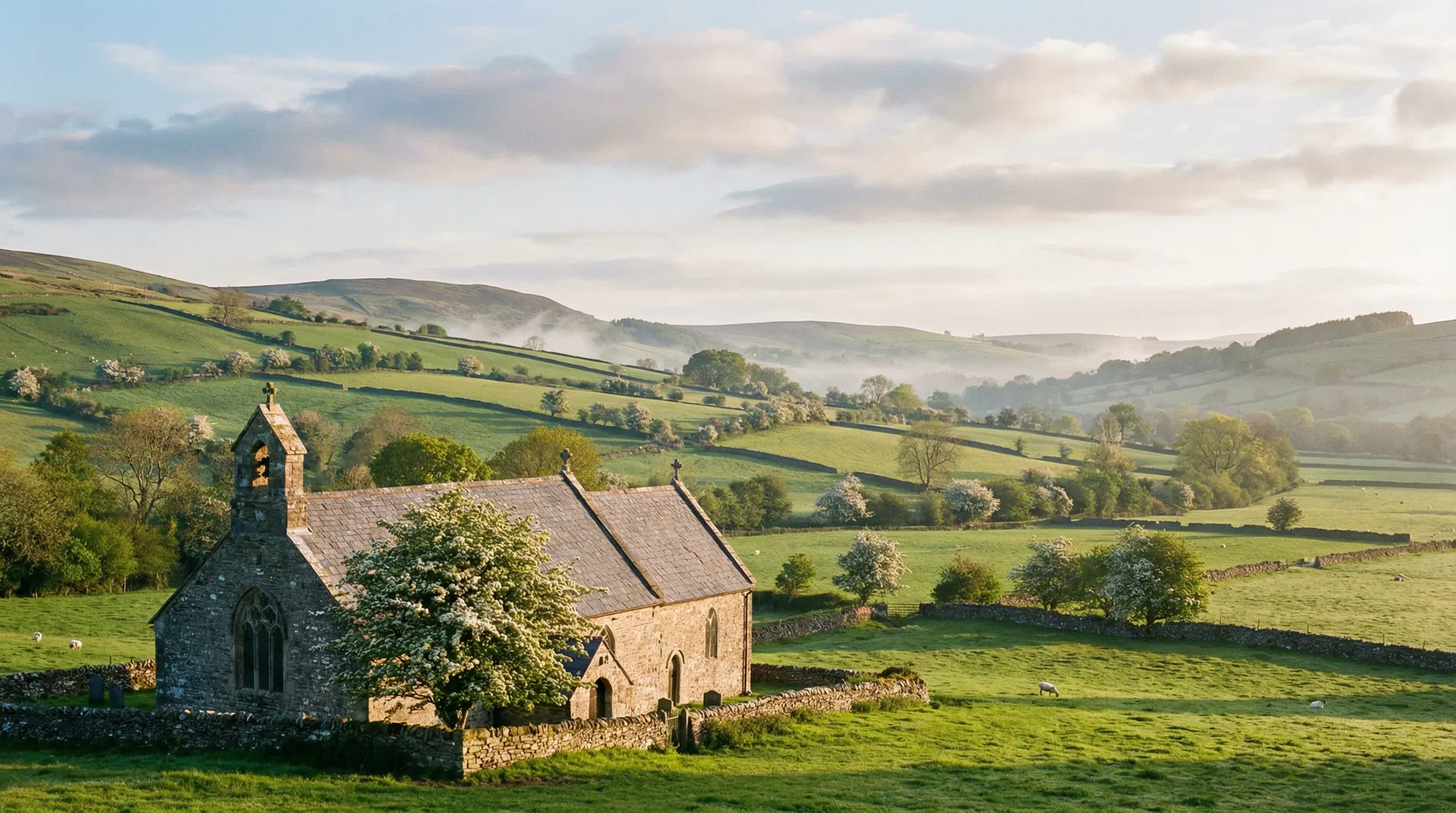 Welsh countryside with a church in the foreground, green hills, spring light