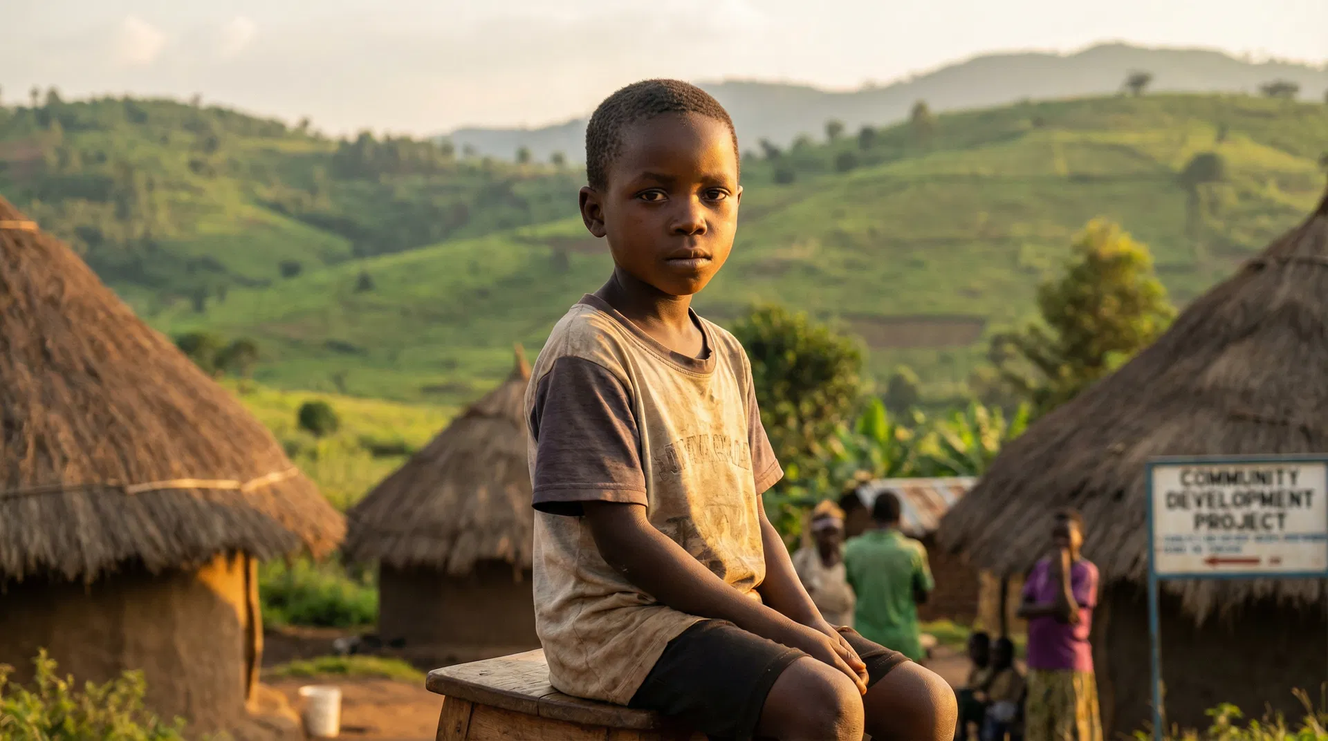 Child in a rural African village, humanitarian aid context