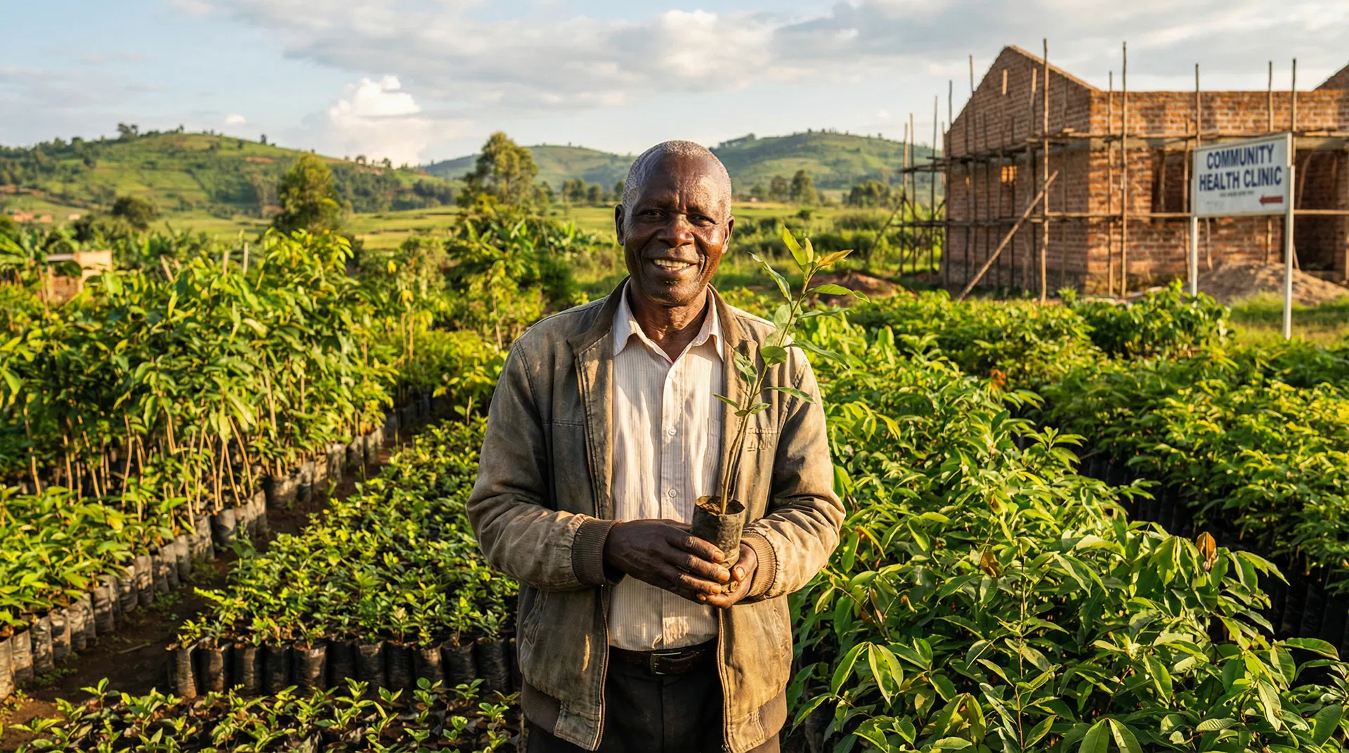A pastor in a lush tree nursery in rural Zimbabwe