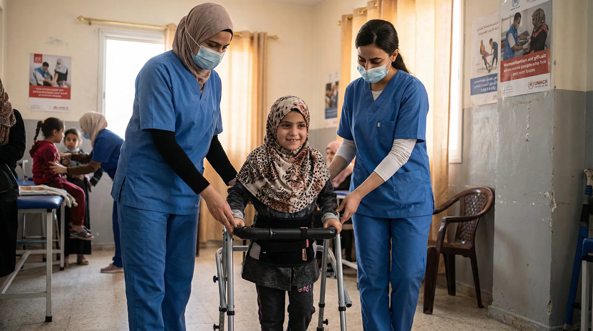 Young girl in a physiotherapy clinic in Gaza, warm editorial photography