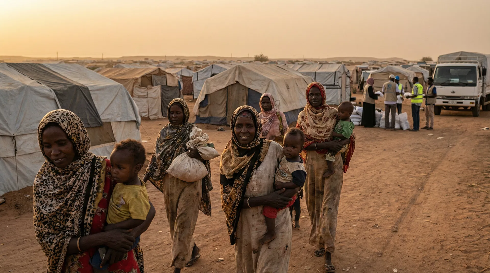 Displaced Sudanese families in a refugee camp at dusk, mothers carrying children amidst tents and aid workers